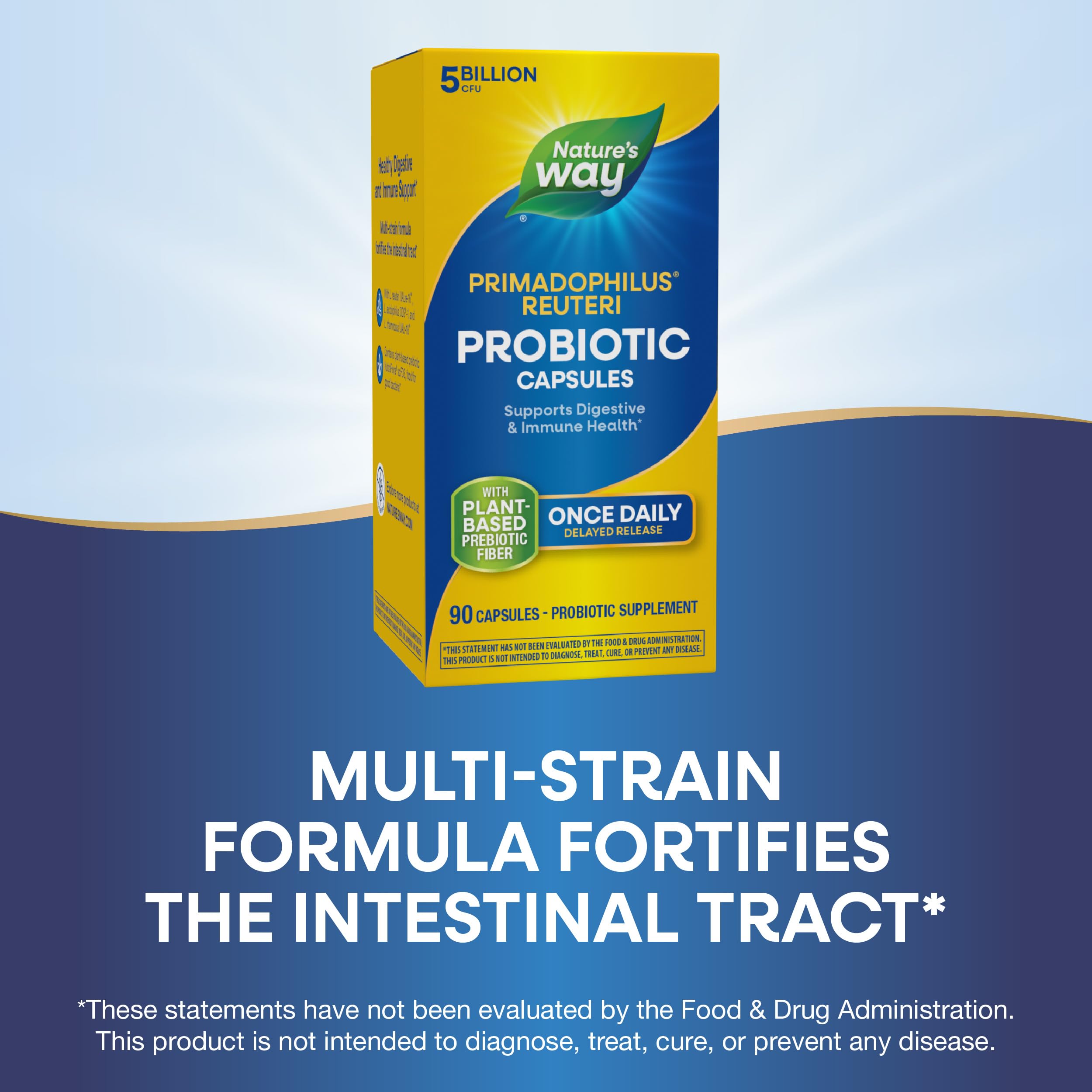 Nature's Way Primadophilus Reuteri Probiotic – ingrédients multi-souches et fibres prébiotiques.