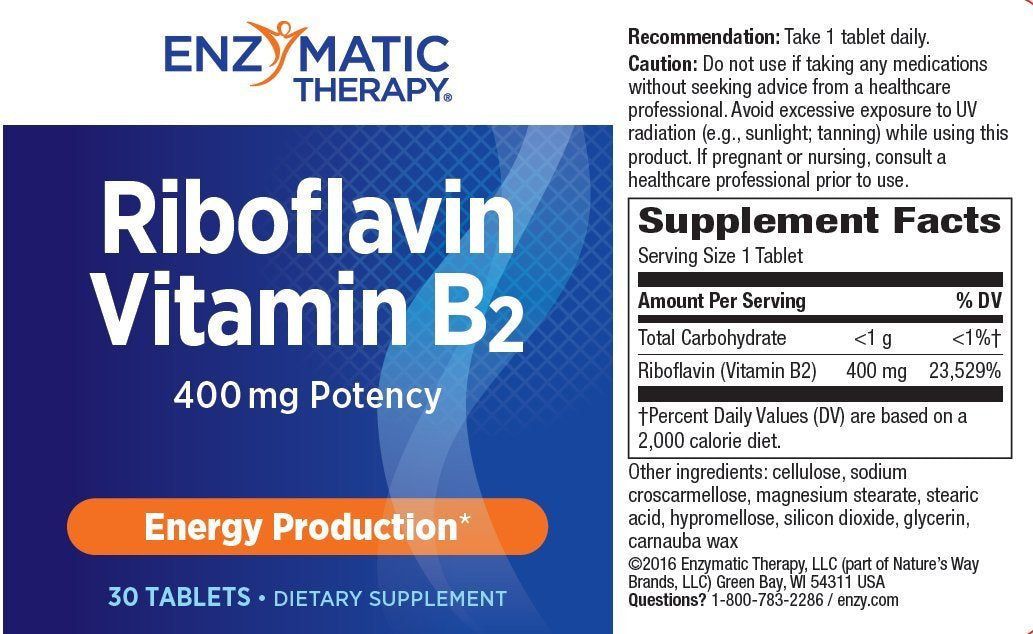 Nature's Way Riboflavin, comprimé vegan, aide à convertir les aliments en énergie.