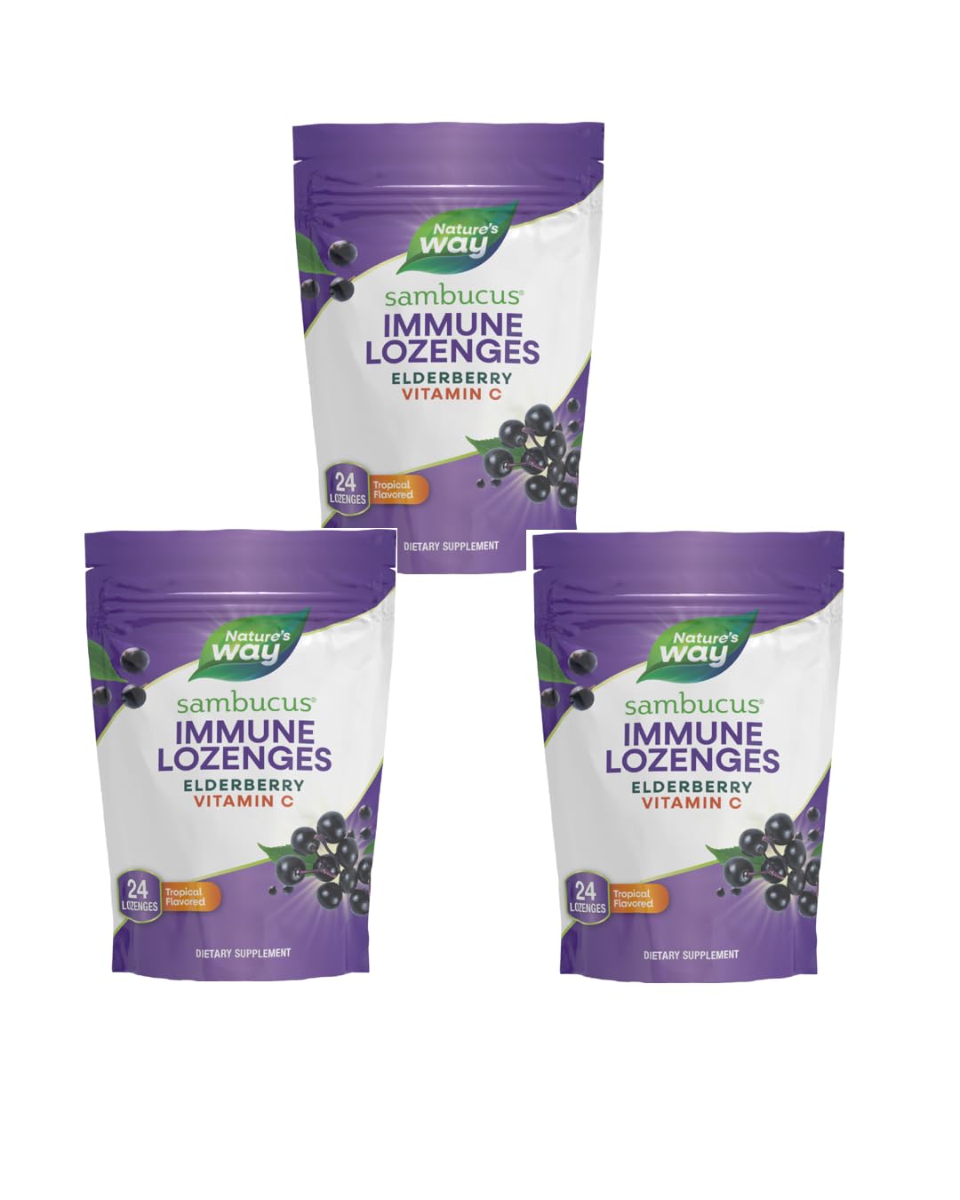 Sambucus Nature's Way pastilles tropicales emballage visible, pratique en déplacement.