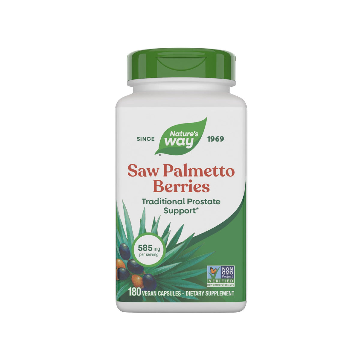 Nature's Way Saw Palmetto, bouteille et étiquette visibles, soutien traditionnel potentiel au quotidien.