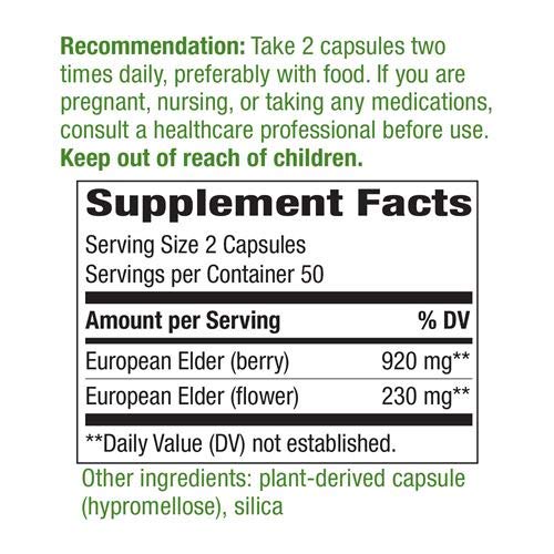 Gélules Nature's Way Sureau visibles dans un flacon, dosage pratique