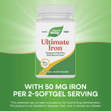 Nature’s Way Ultimate Iron, dosage quotidien illustré pour routine énergétique.