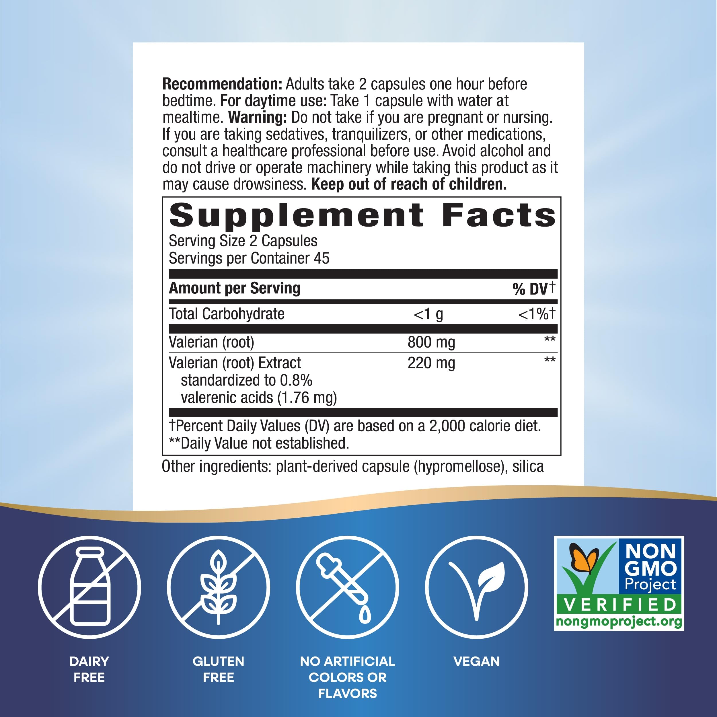 Nature's Way Valerian Premium Extract - capsules visibles, routine nocturne naturelle.