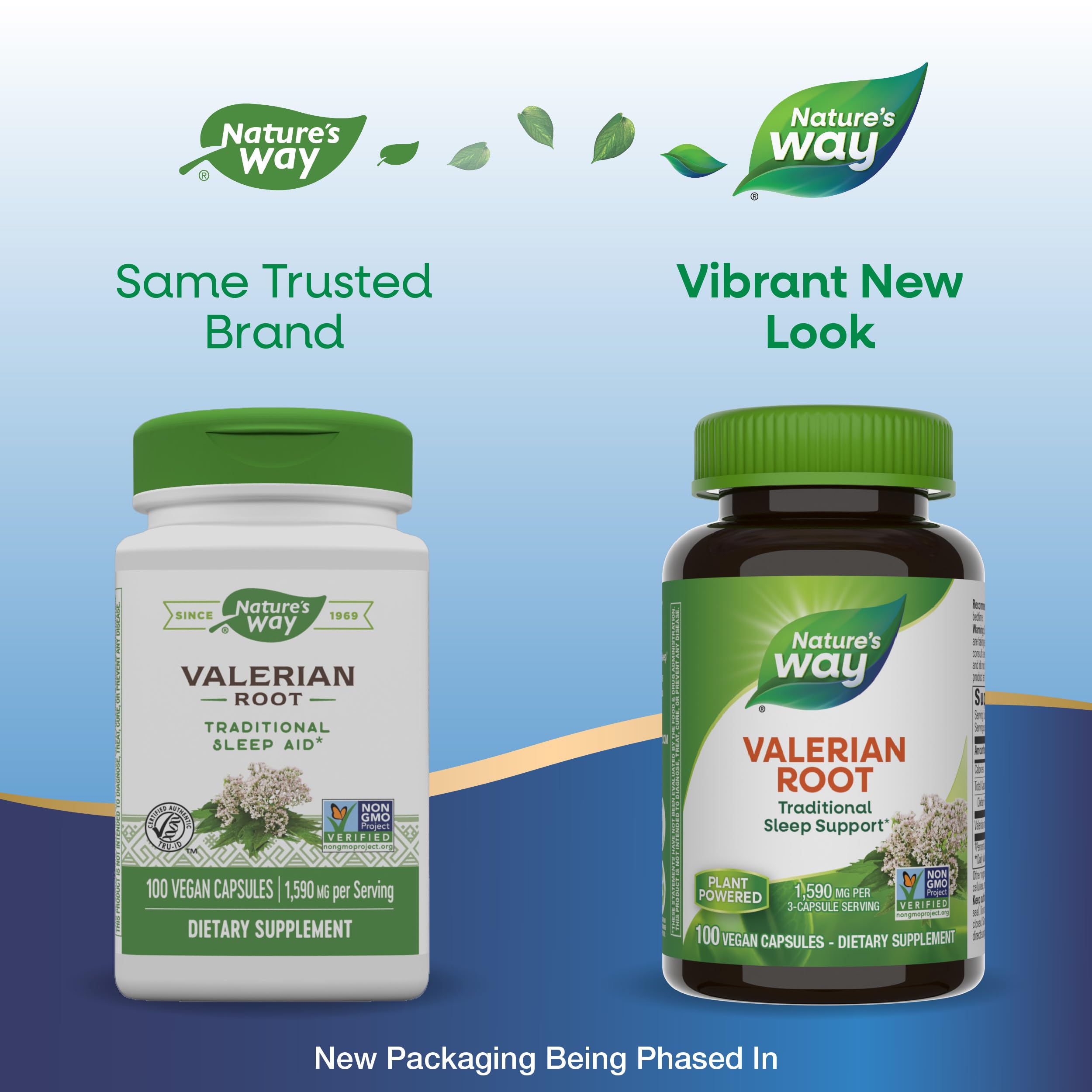 Étiquette Nature's Way Valériane affichant les certifications Non-OGM et véganes
