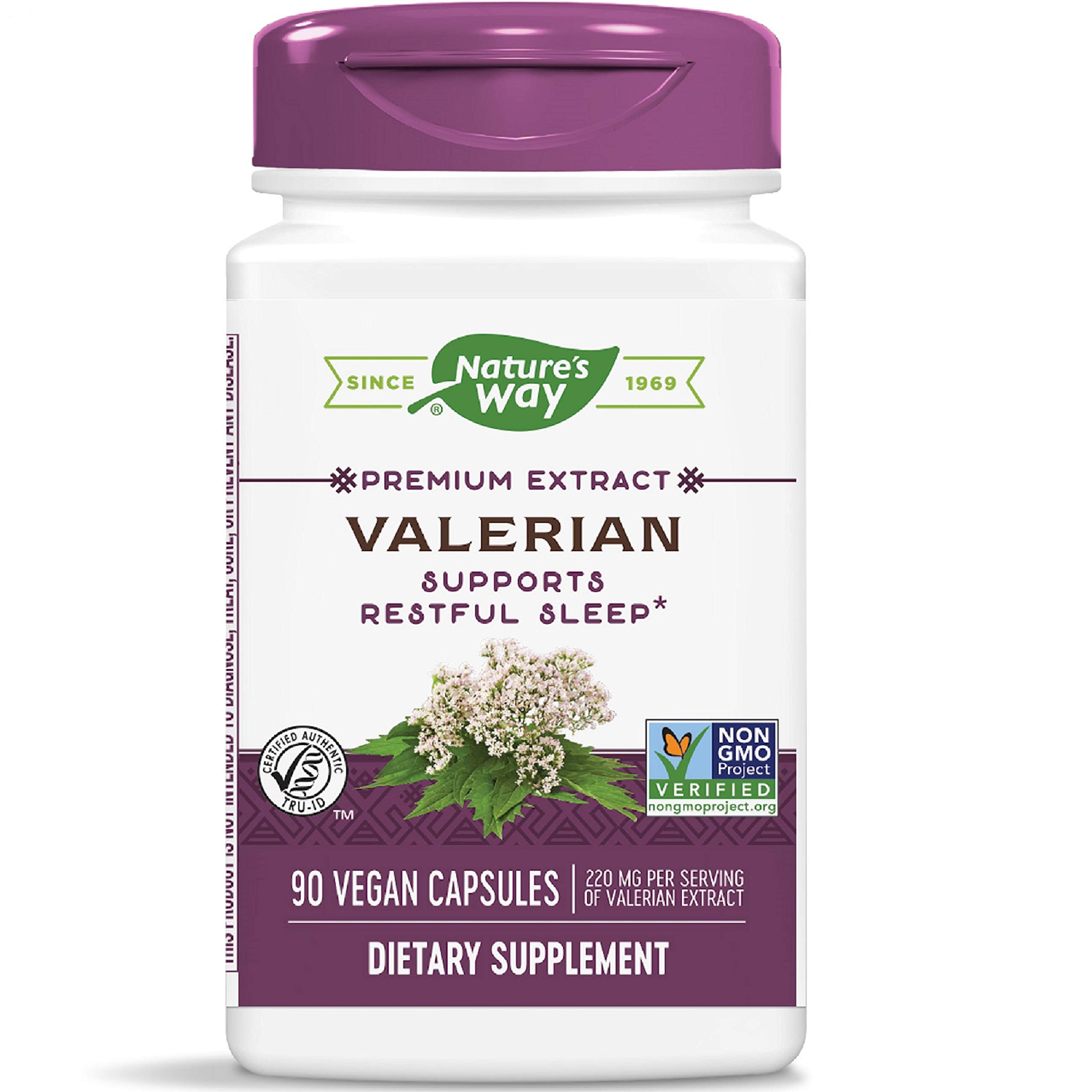 Nature's Way Valériane Premium Extrait, etiquette-dosage, indique le dosage recommandé pour les capsules.