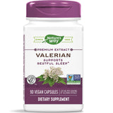 Nature's Way Valériane Premium Extrait, etiquette-dosage, indique le dosage recommandé pour les capsules.