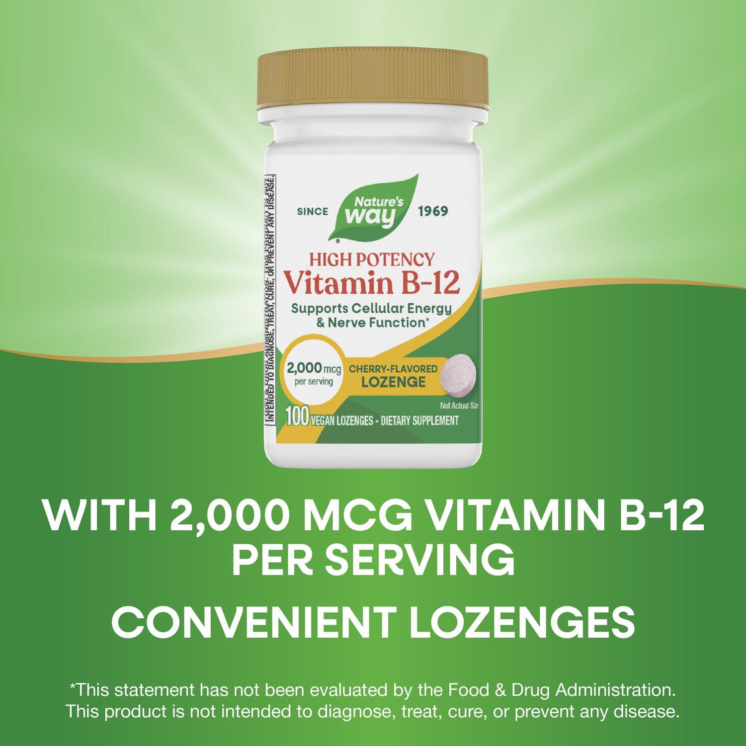Nature's Way B12 Lozenges cerise - dose 2000 mcg affichée, usage pratique.