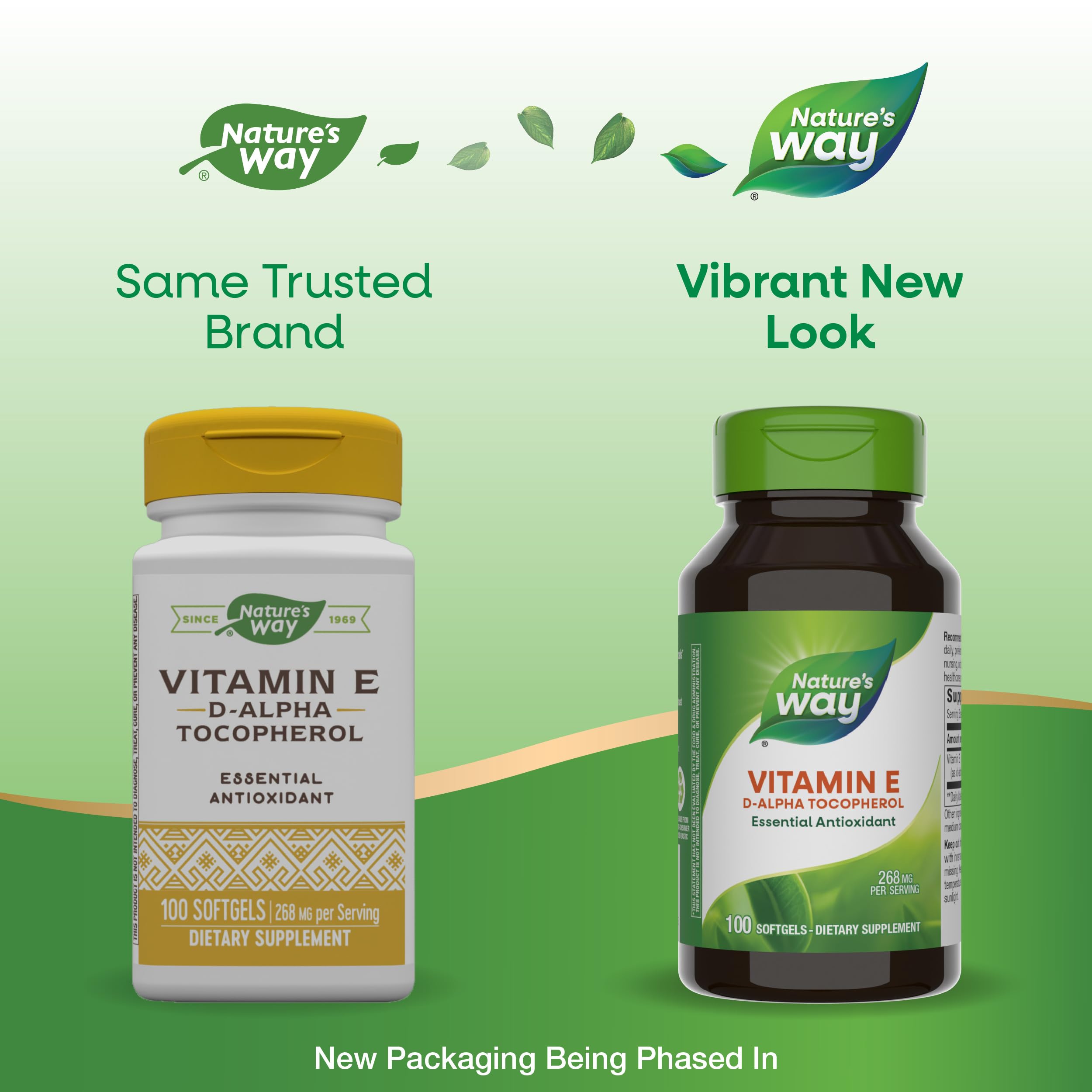 Nature's Way Vitamine E – étiquette informative sur le flacon, facilite la prise régulière.