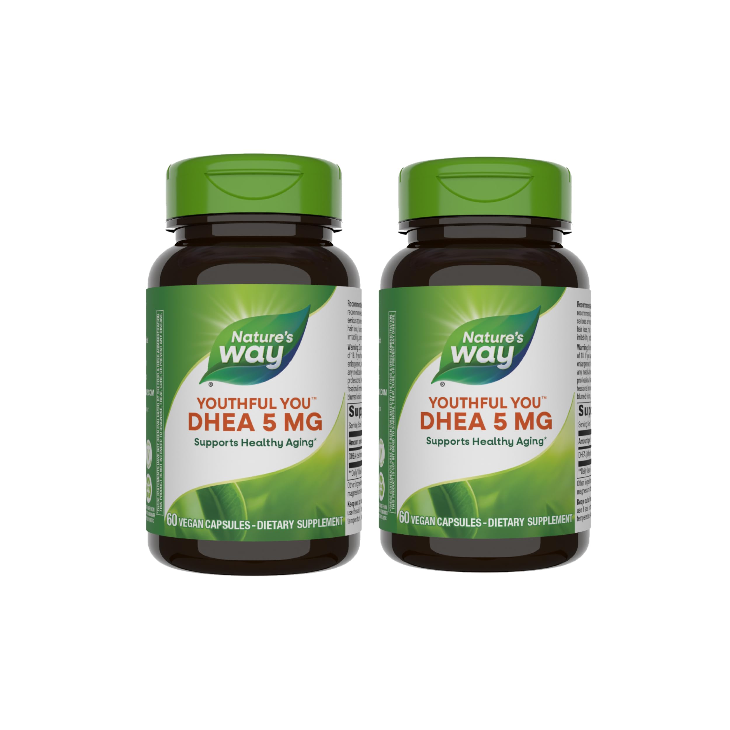 Nature's Way Youthful You DHEA 5 mg, boite vegan, soutien potentiel au vieillissement sain.