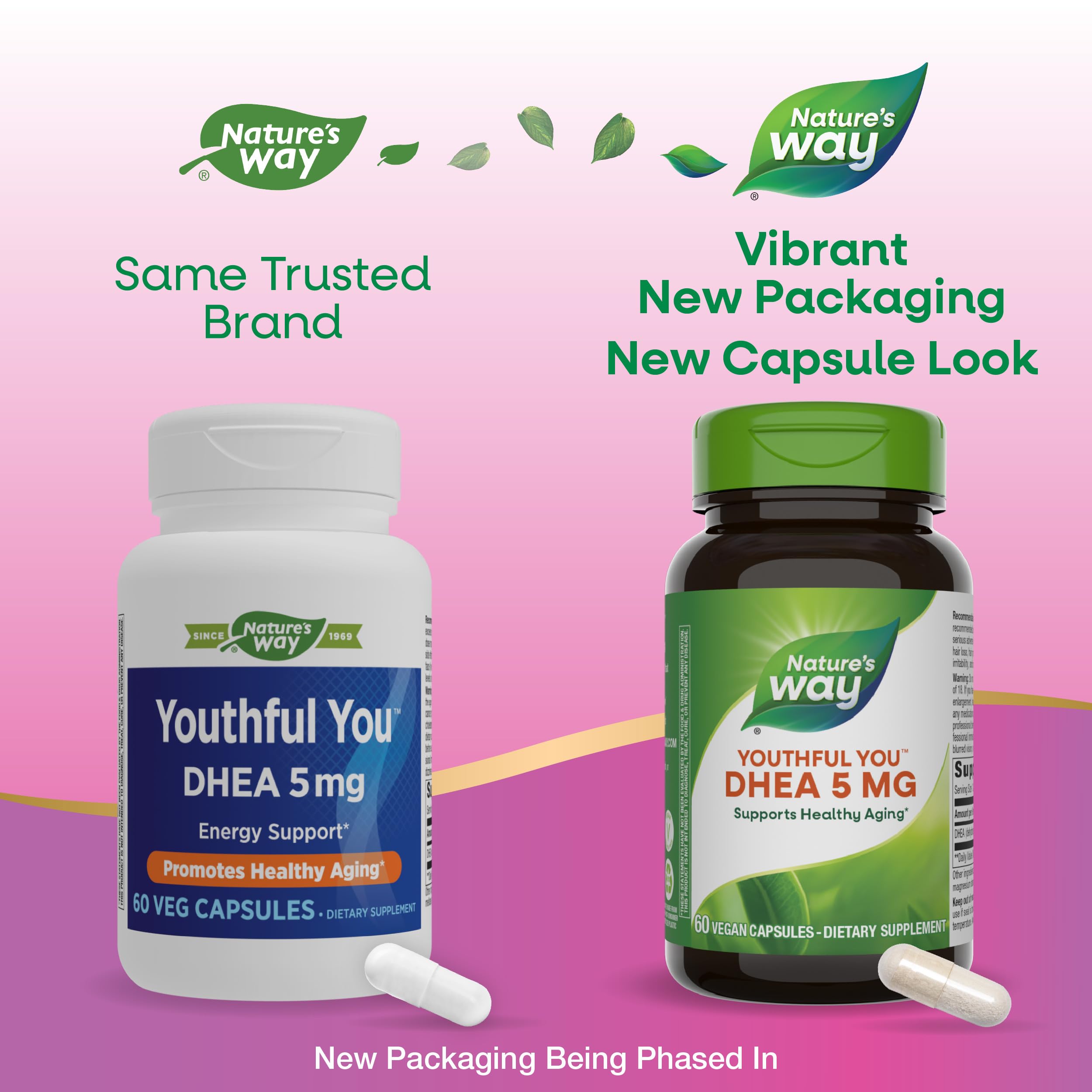 Nature's Way Youthful You DHEA 5 mg, etiquette-label, visibilité claire des ingrédients.