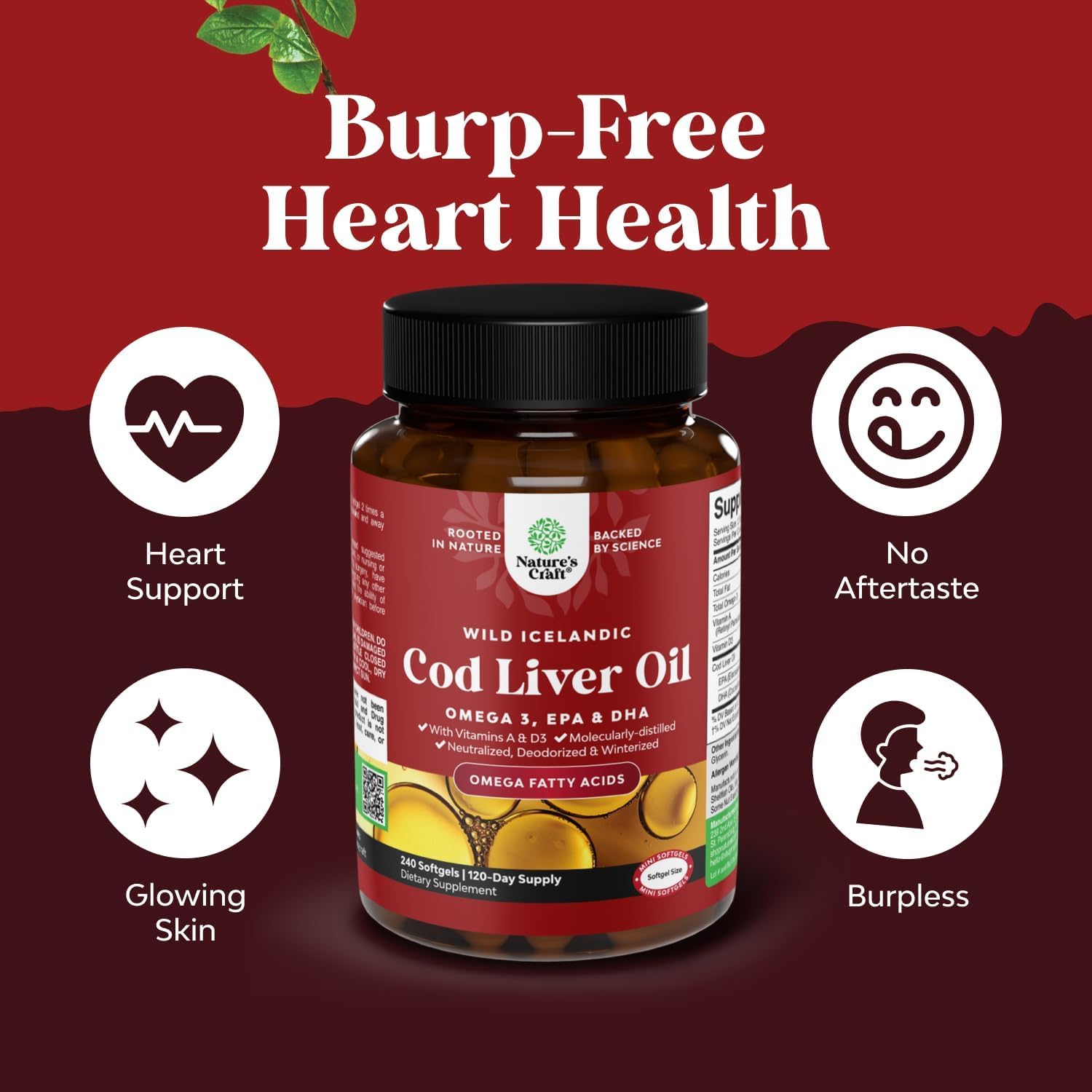 Natures Craft étiquette huile foie morue – informations claires et vitamines A et D.