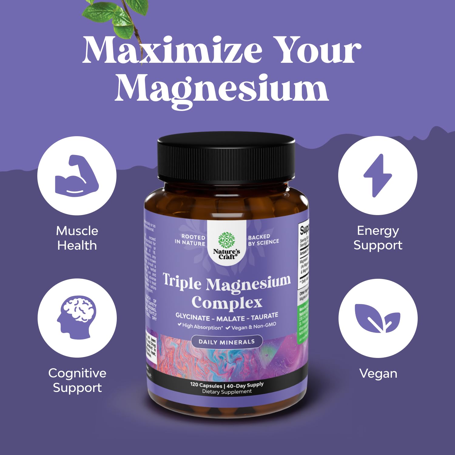 Gélules magnésium glycinate Natures Craft pour absorption élevée.