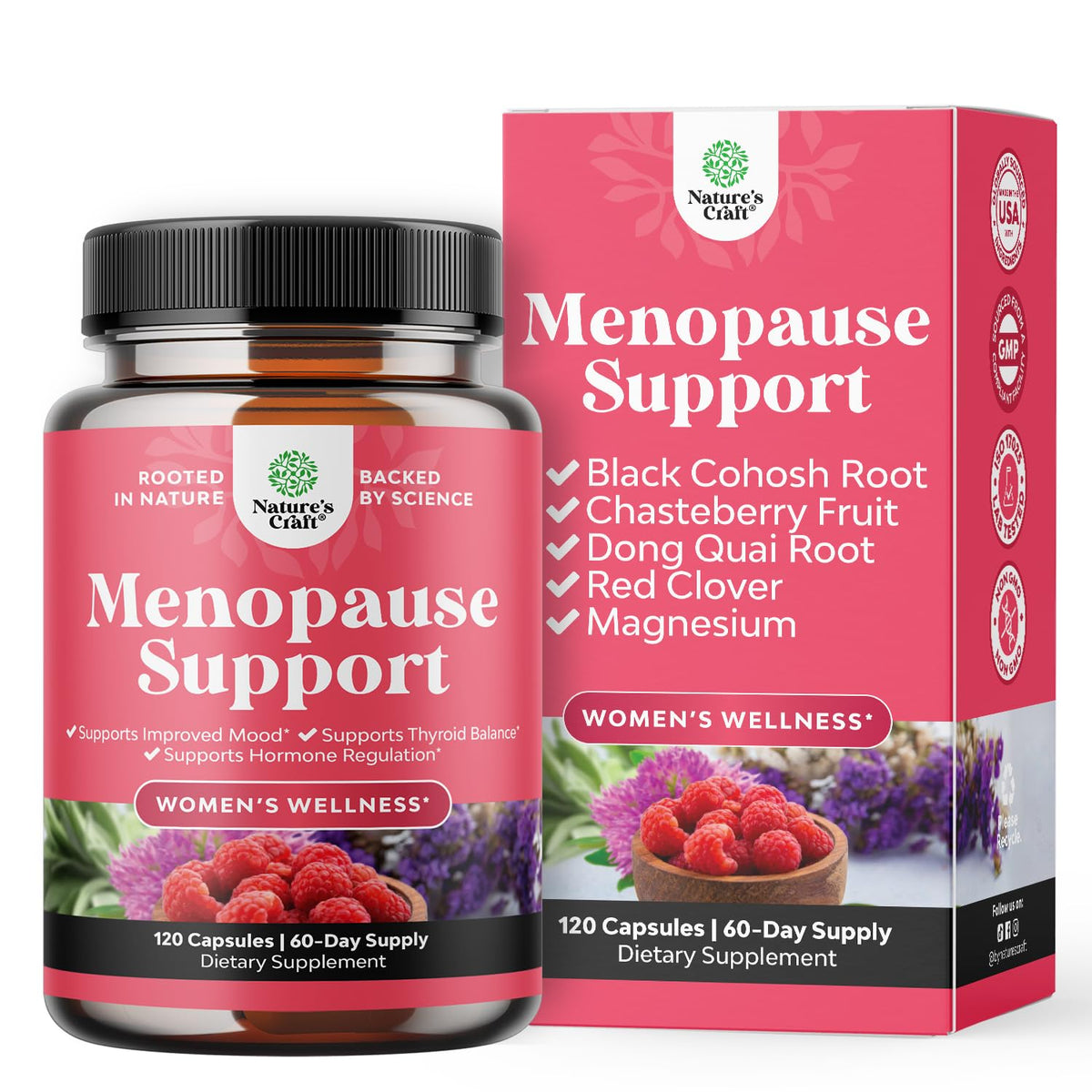 Natures Craft ménopause bouteille capules soutient potentiel équilibre hormonal et confort quotidien.