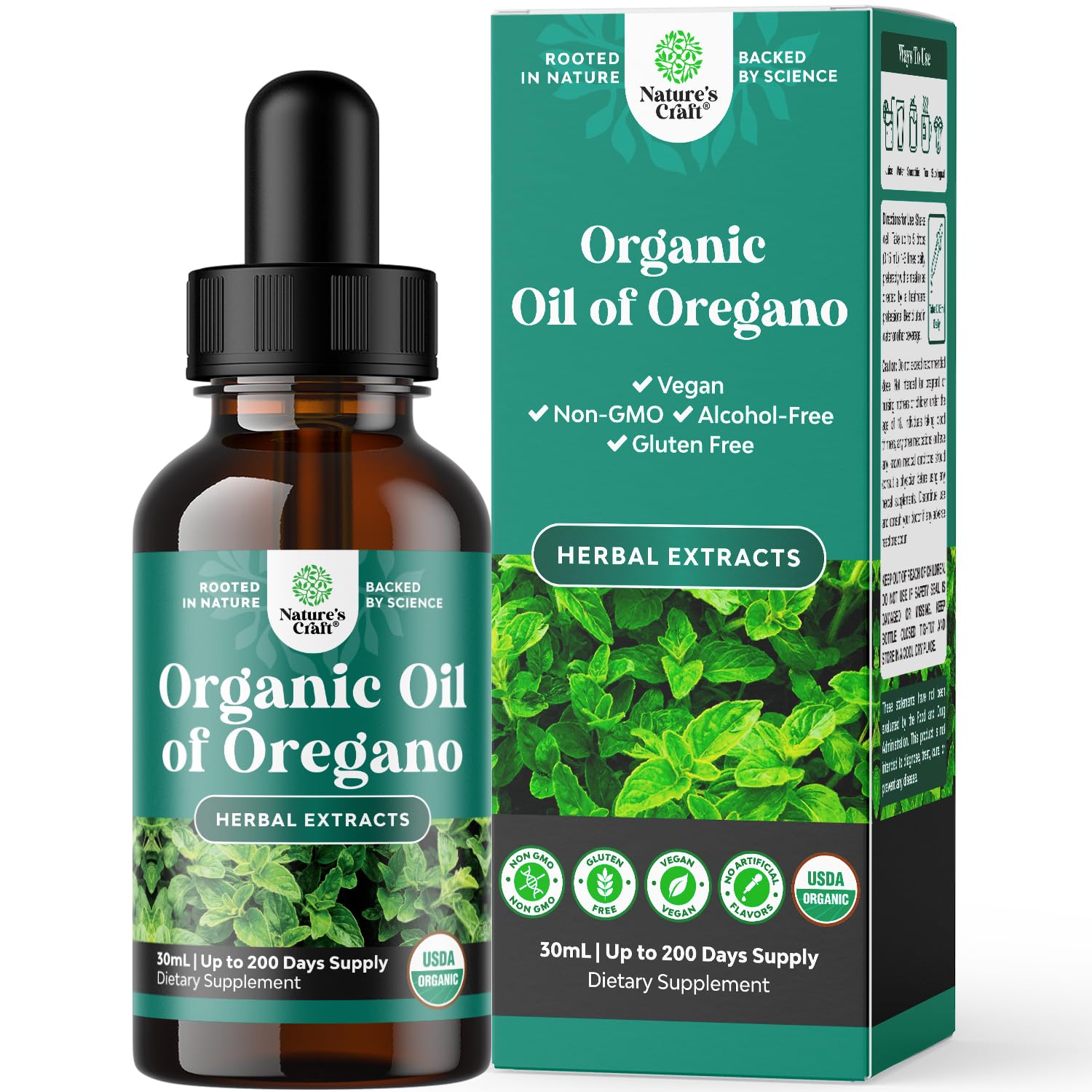 Gouttes d'origan biologique Natures Craft sur bouteille, soutien digestif équilibré.