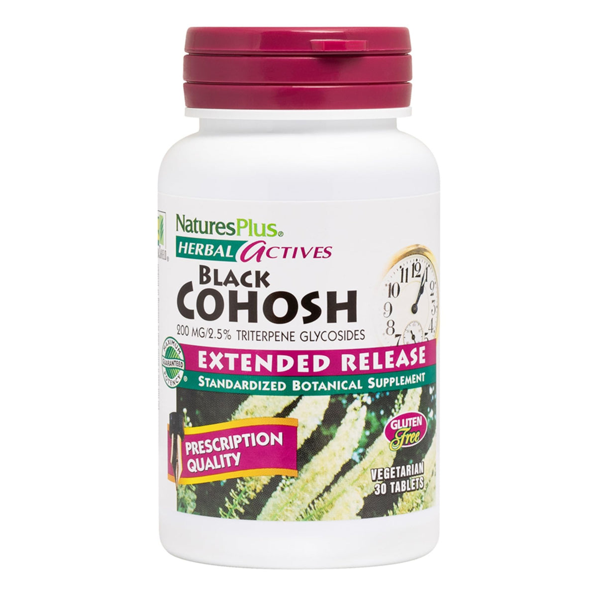 NaturesPlus Cohosh noir comprimés – bouteille visible pour le bien-être potentiel pendant la ménopause.