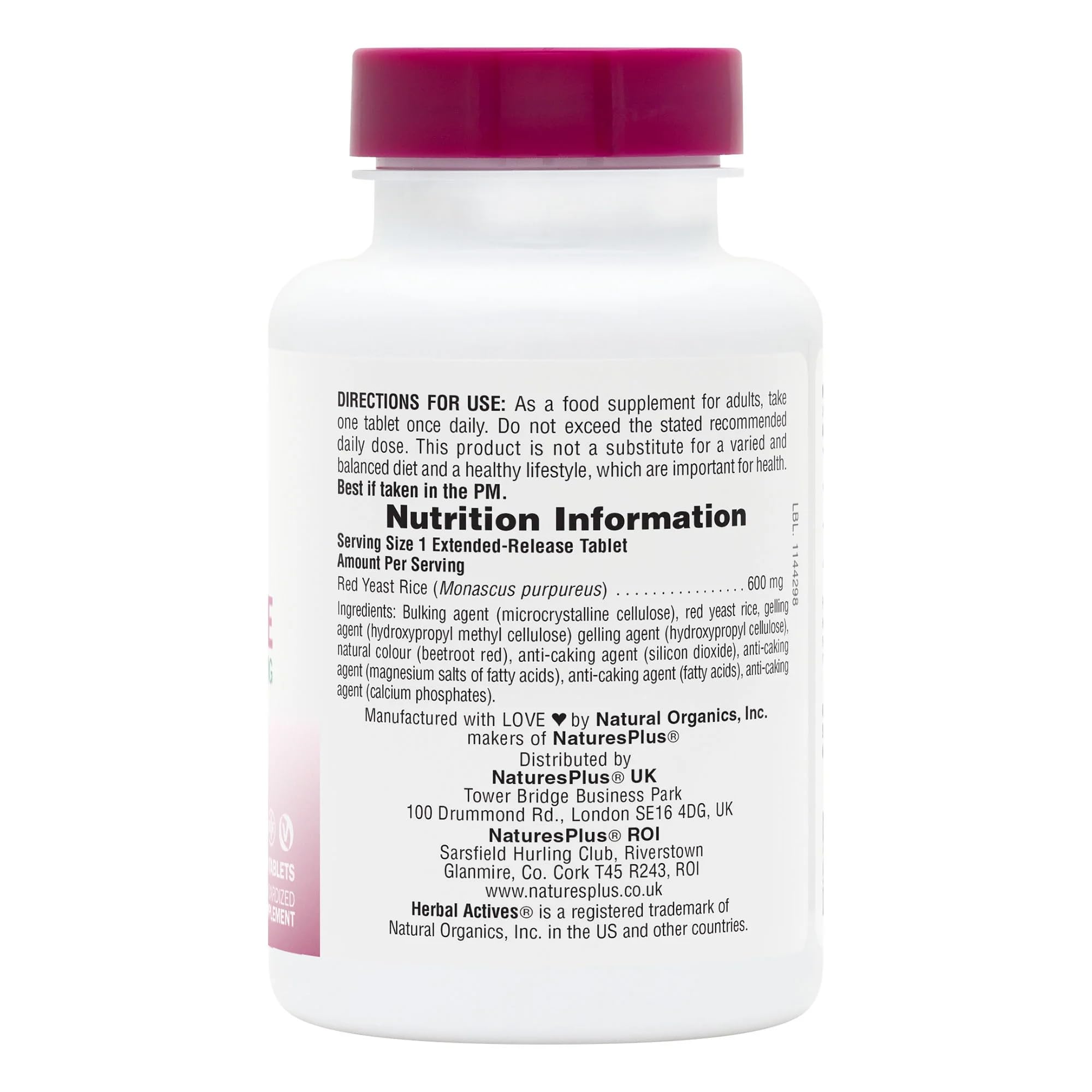 NaturesPlus Herbal Actives Levure Rouge—bouteille 60 tablettes facilitant la routine.