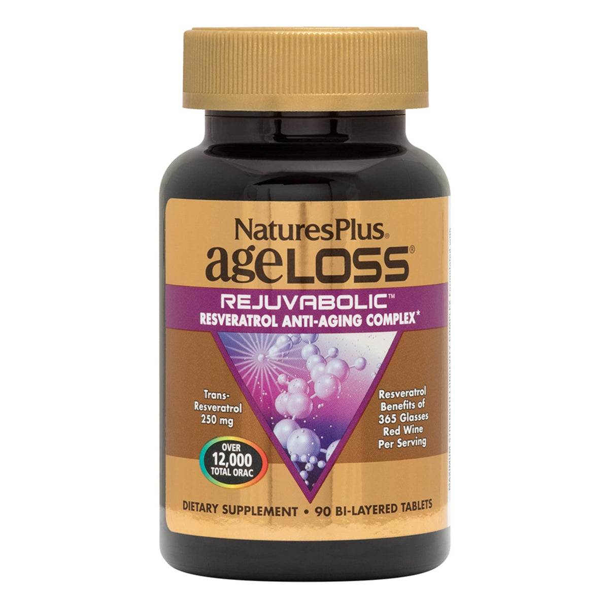 NaturesPlus AgeLoss REJUVABOLIC, bouteille vue de face, format pratique pour quotidien.