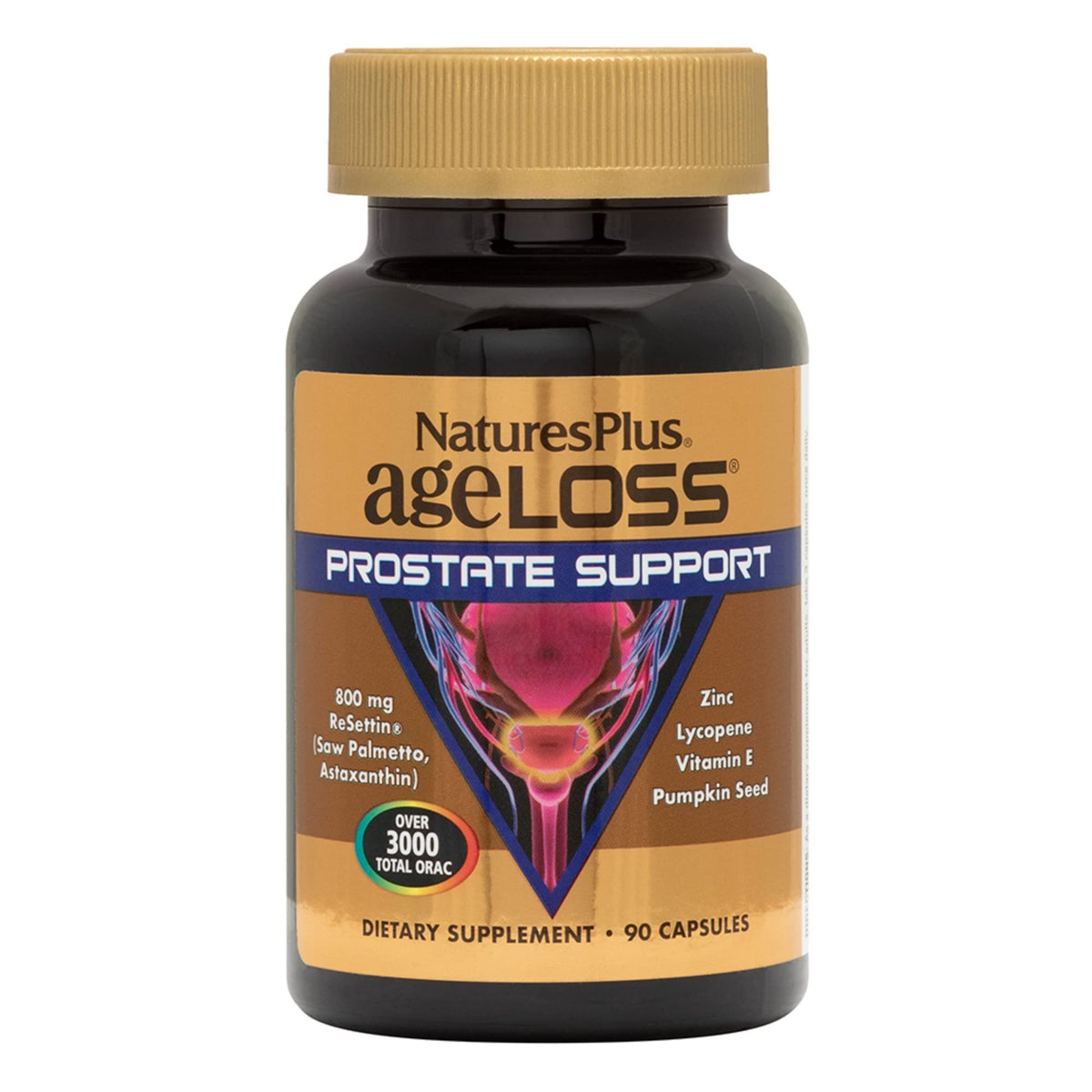 NaturesPlus AgeLoss bouteille montrant le soutien prostatique potentiel et le confort urinaire.