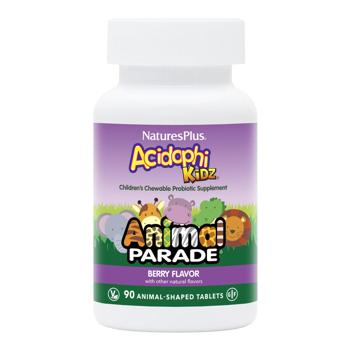NaturesPlus AcidophiKidz formes animaux saveur fruits rouges, soutien digestif potentiel.