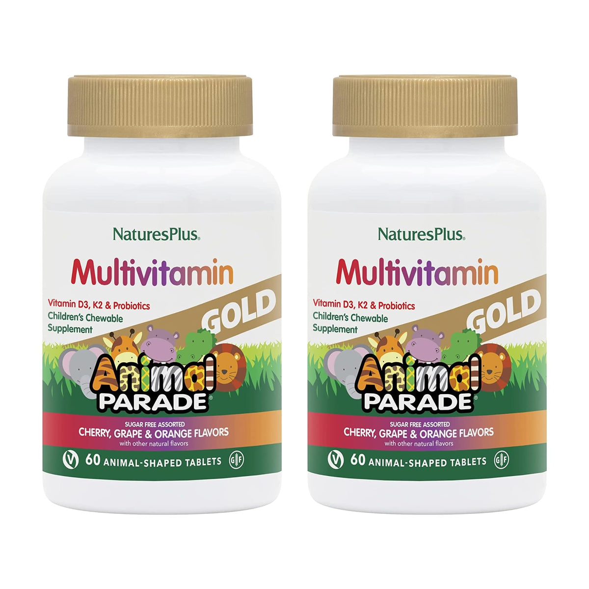 NaturesPlus Animal Parade – bouteille gommes pour enfants, goût agréable et pratique pour le quotidien.