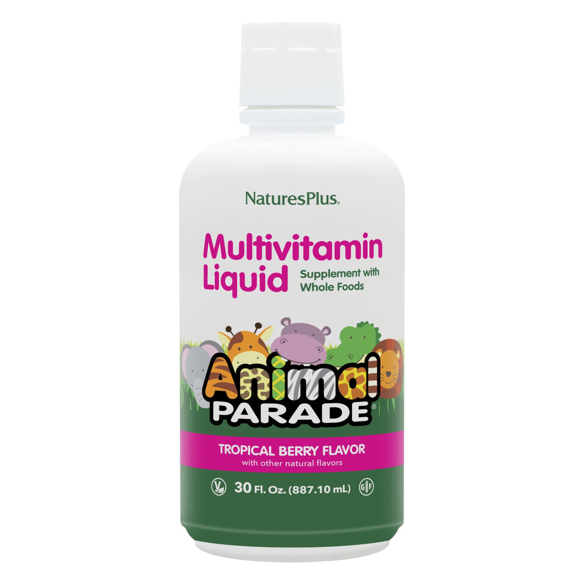 Animal Parade de NaturesPlus, bouteille liquide au goût tropical pour enfants.