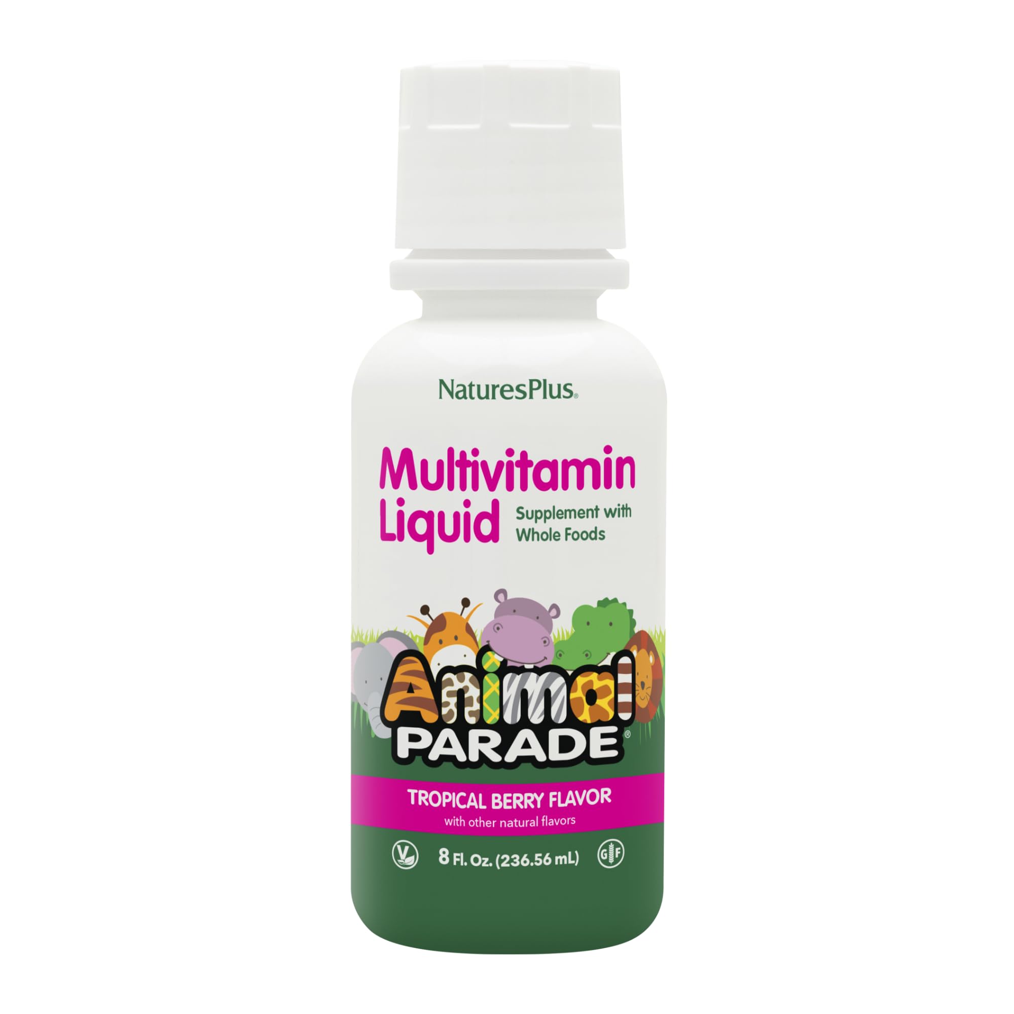 NaturesPlus Animal Parade, bouteille multivitamines pour enfants, favorise l'apport en nutriments essentiels.