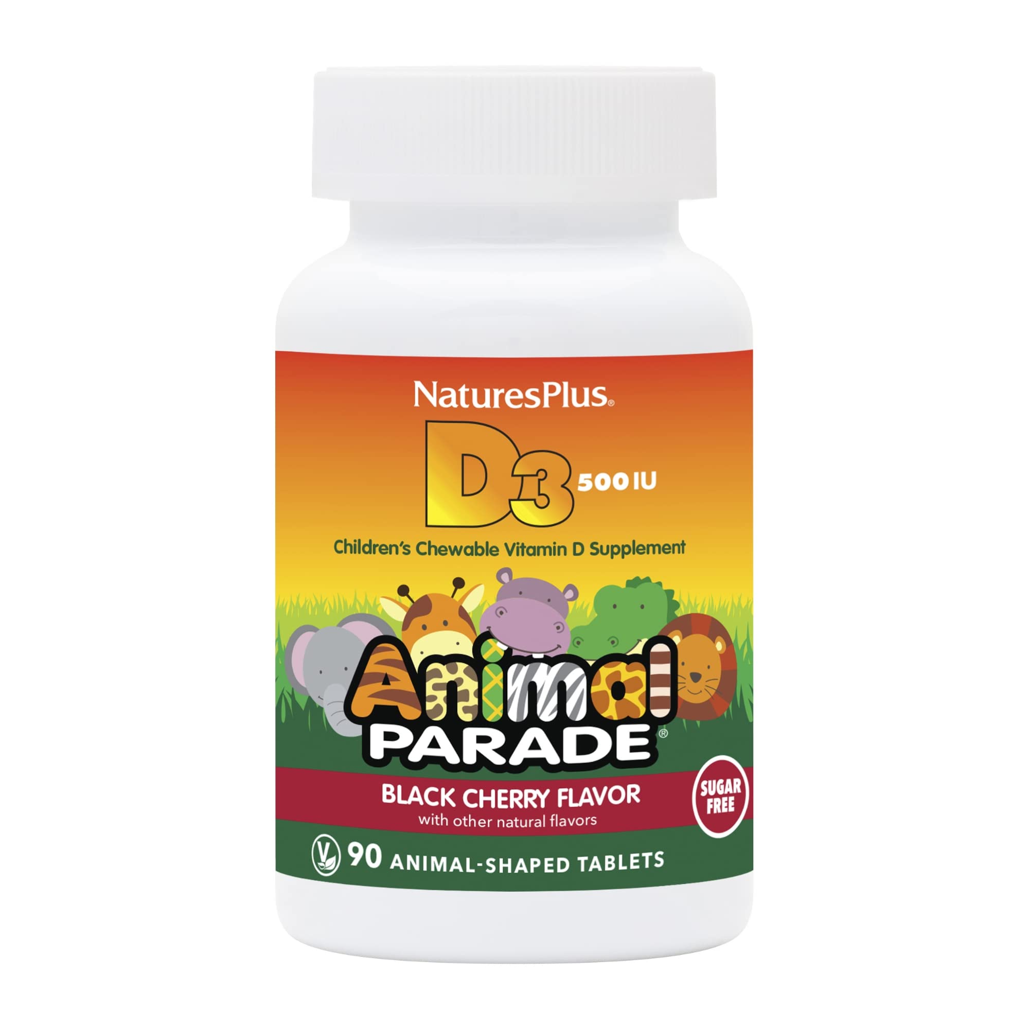 NaturesPlus Animal Parade D3 gommes enfants cerise noire, soutien osseux et goût apprécié.