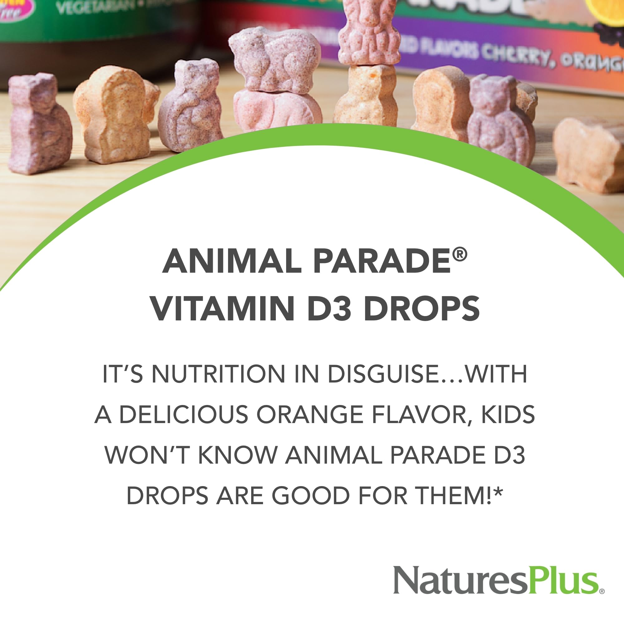 Dose 400 UI NaturesPlus Animal Parade D3 pour enfants, format pratique.