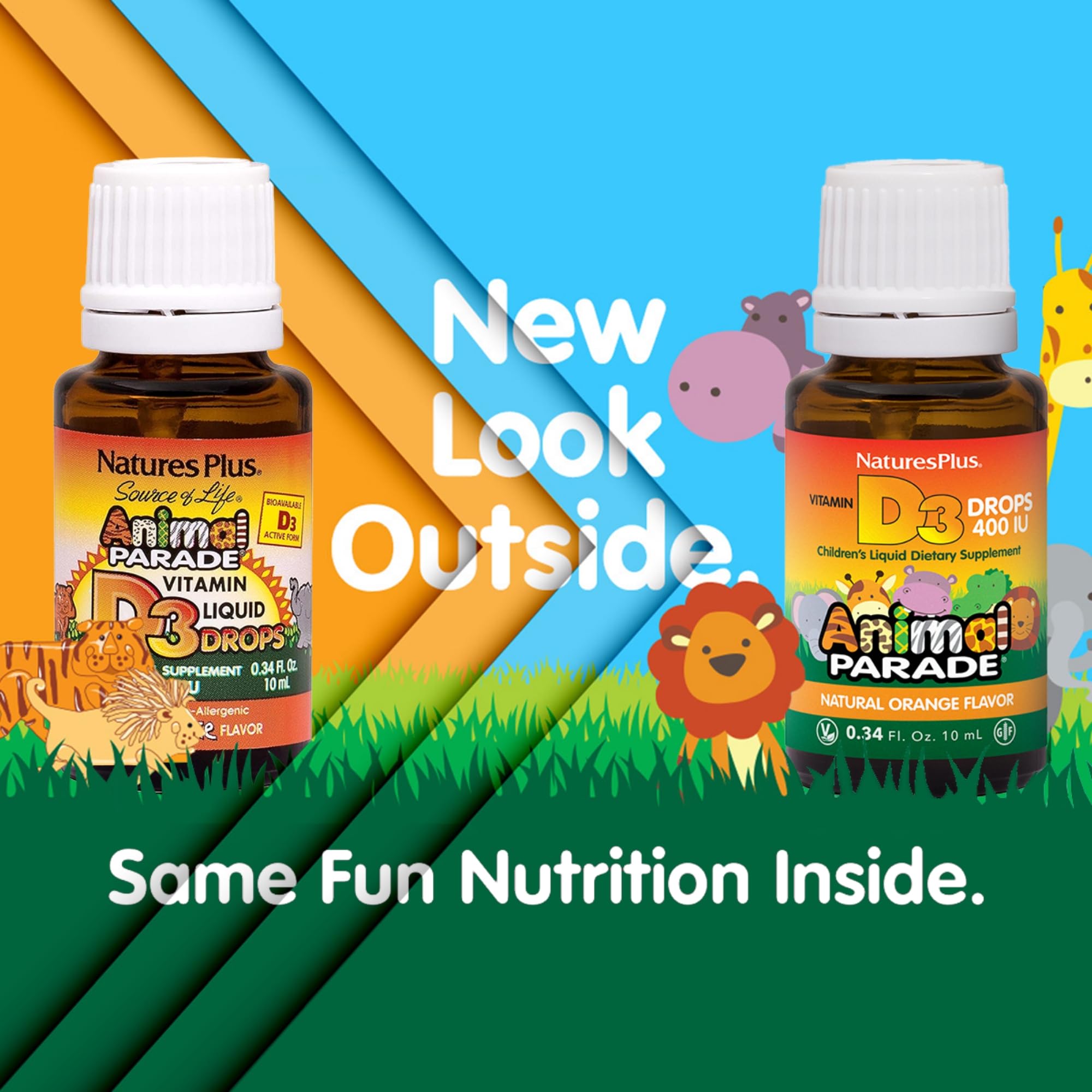 Flacon NaturesPlus Animal Parade D3 pour enfants, 10 ml, gouttes faciles.