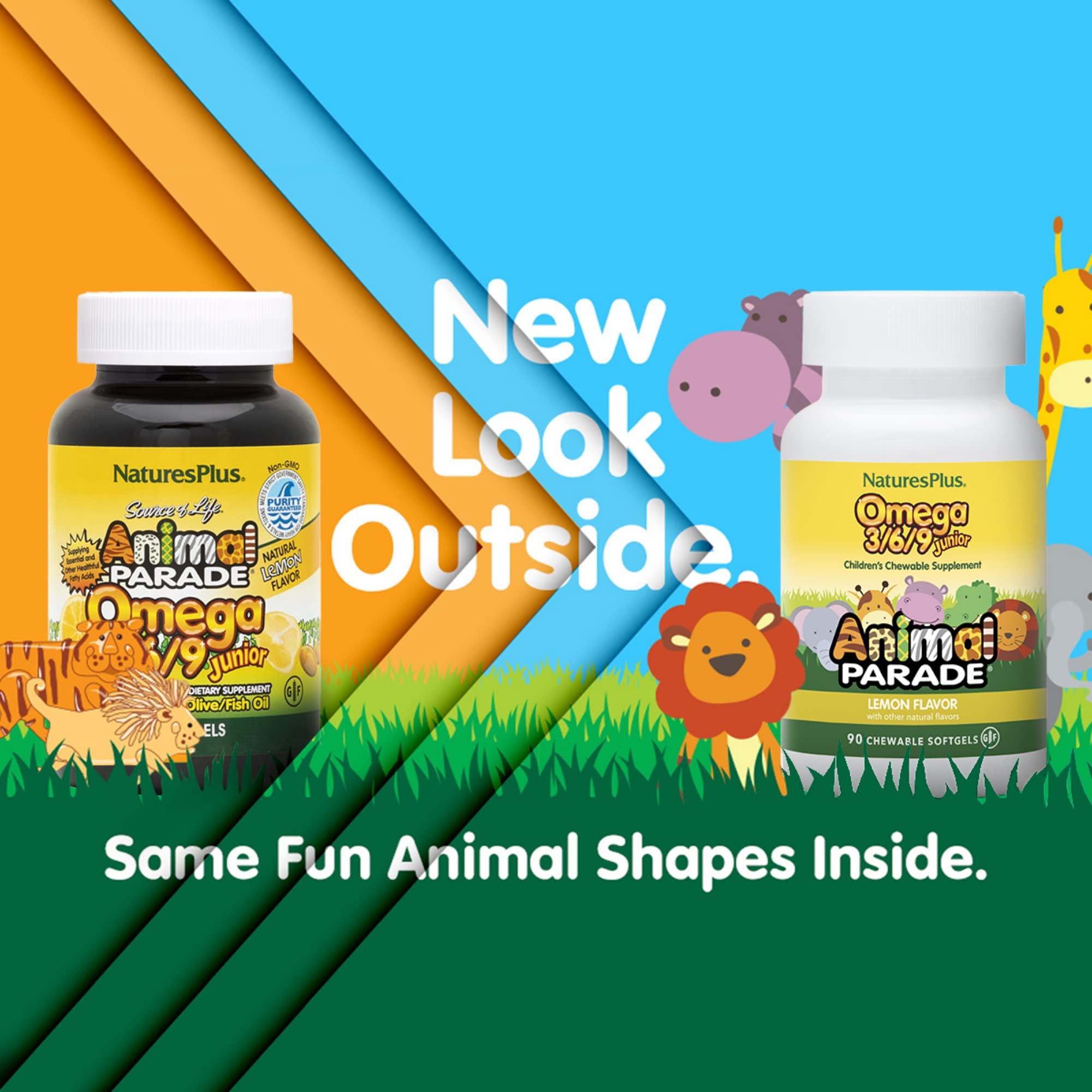 Bouteille NaturesPlus Animal Parade Omega 3/6/9 Junior, goût citron pour enfants.