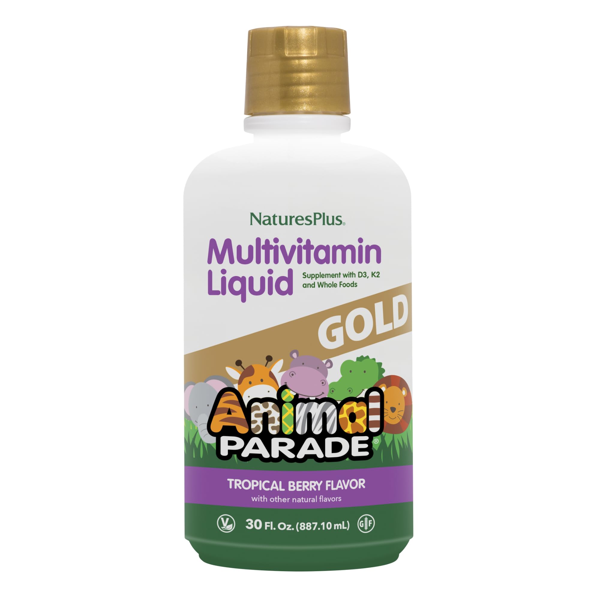 NaturesPlus Animal Parade Gold – bouteille goût tropical pour enfants.