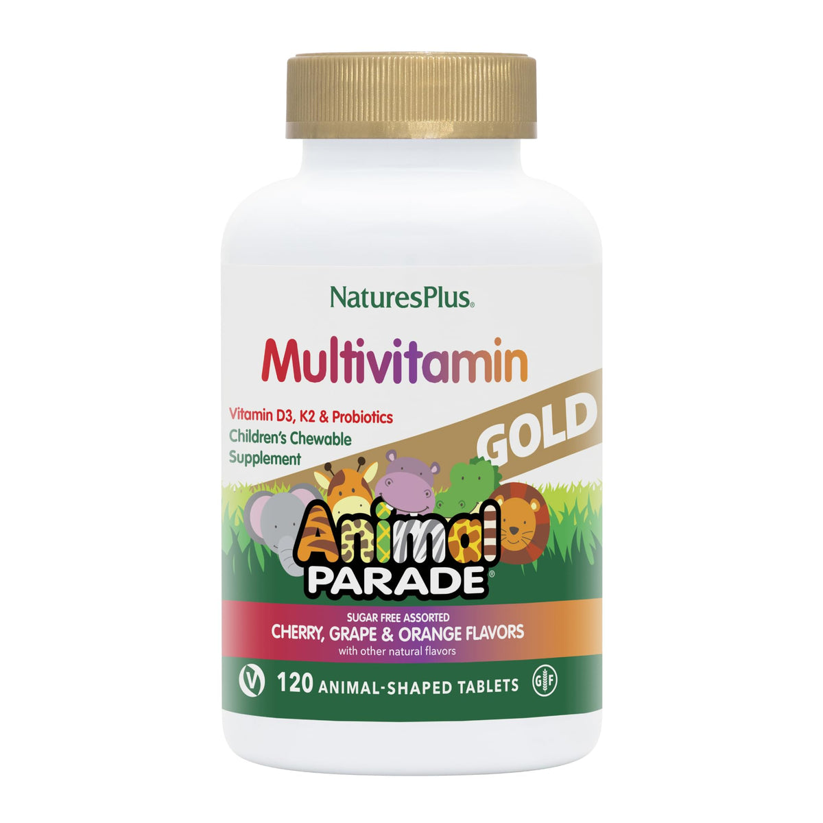 NaturesPlus Animal Parade Gold – bouteille de gommes, favorise l'apport quotidien en nutriments pour l'enfant.