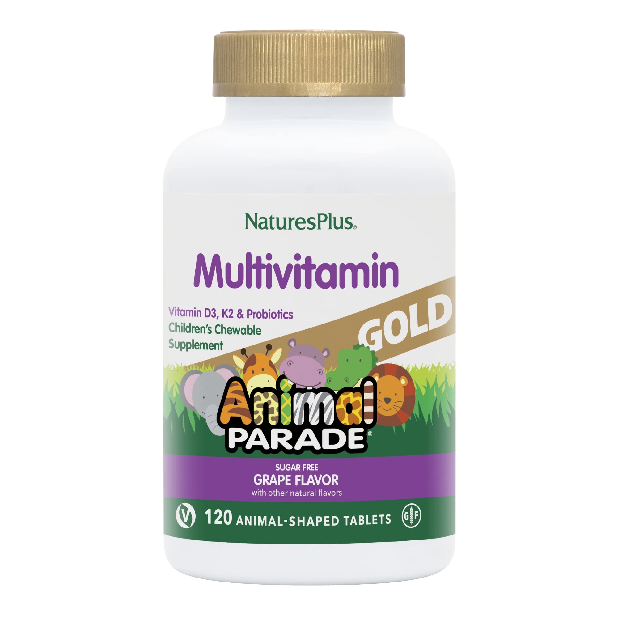 NaturesPlus Animal Parade Gold — bouteille avec comprimés animaux faciles à mâcher pour l'utilisation quotidienne.