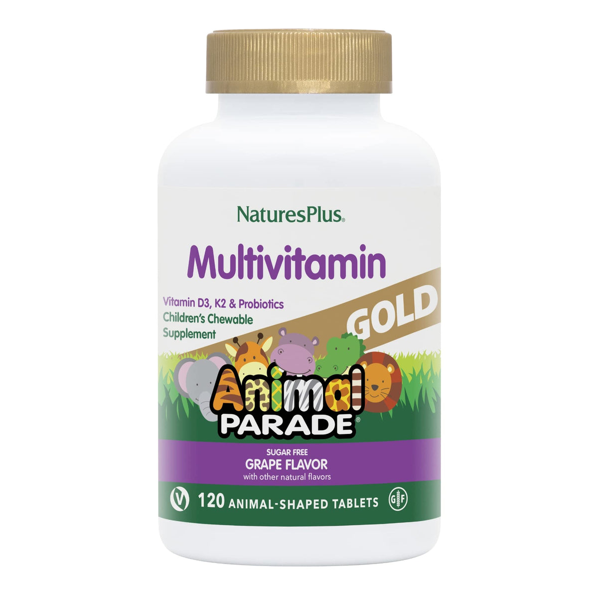 NaturesPlus Animal Parade Gold — bouteille avec comprimés animaux faciles à mâcher pour l'utilisation quotidienne.