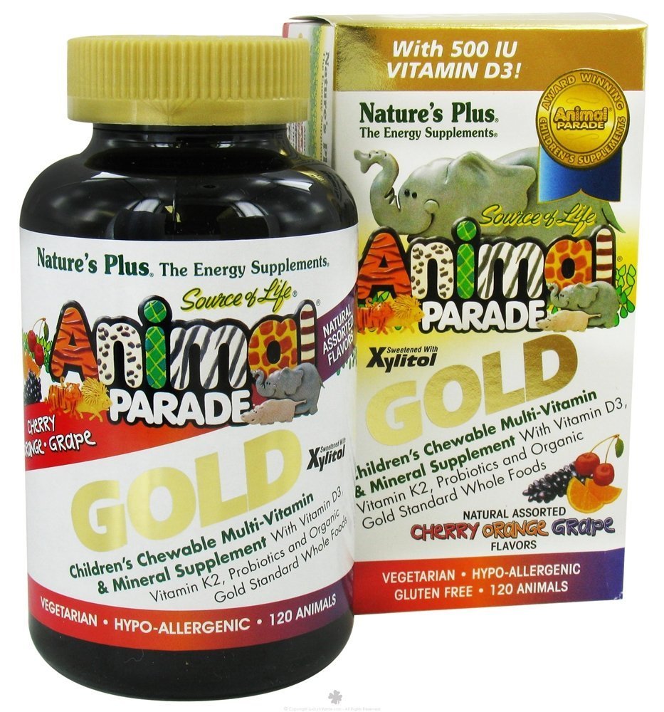 NaturesPlus Animal Parade Gold: goûts naturels cerise, orange et raisin.