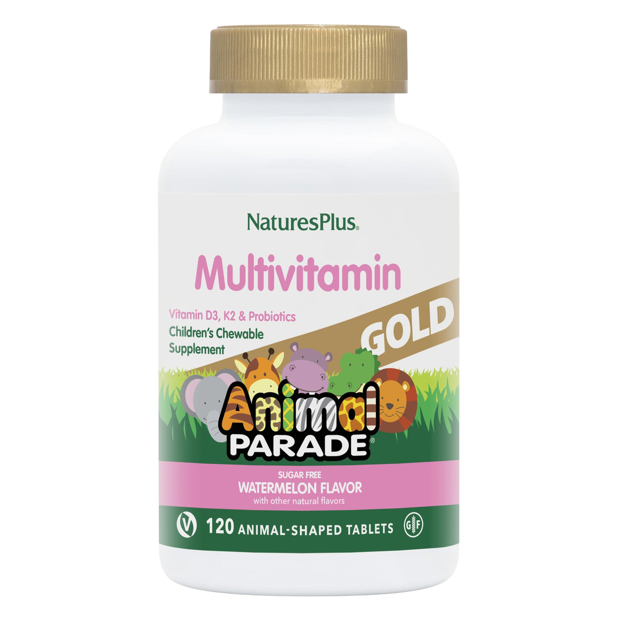 NaturesPlus Animal Parade Gold tablettes en forme d’animaux, faciles à mâcher pour enfants.