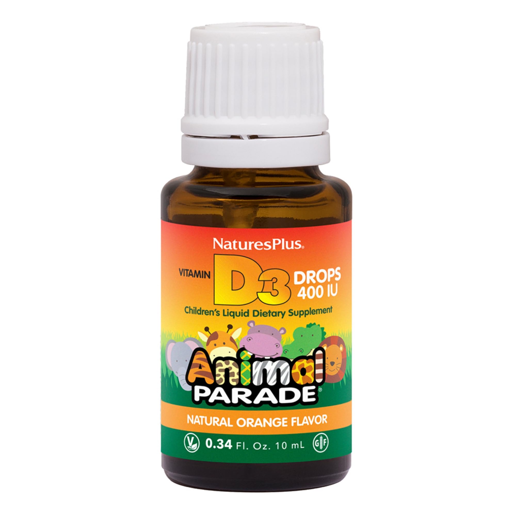 Gouttes NaturesPlus Animal Parade pour enfants, saveur orange, soutien potentiel à l'absorption du calcium.