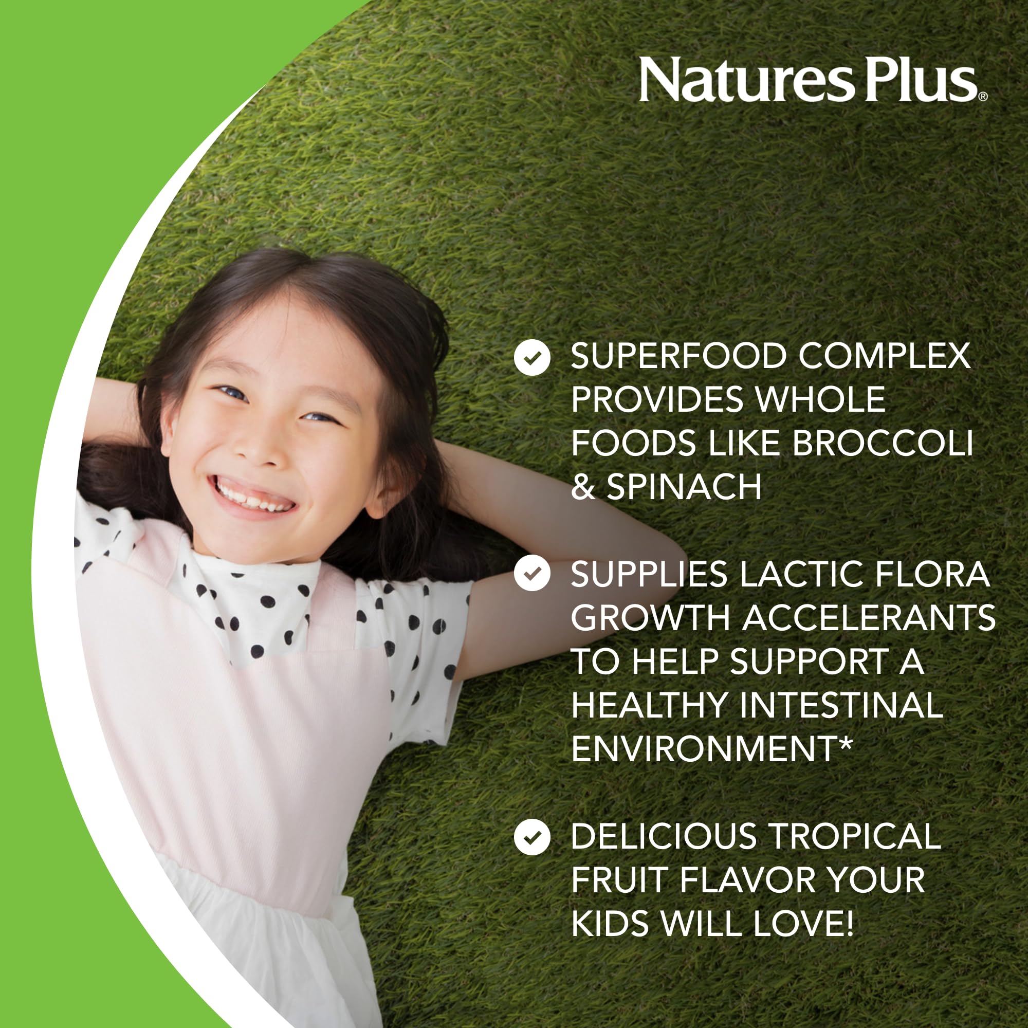 NaturesPlus Animal Parade KidGreenz – ingrédients végétaux et sans gluten, adaptés aux enfants.