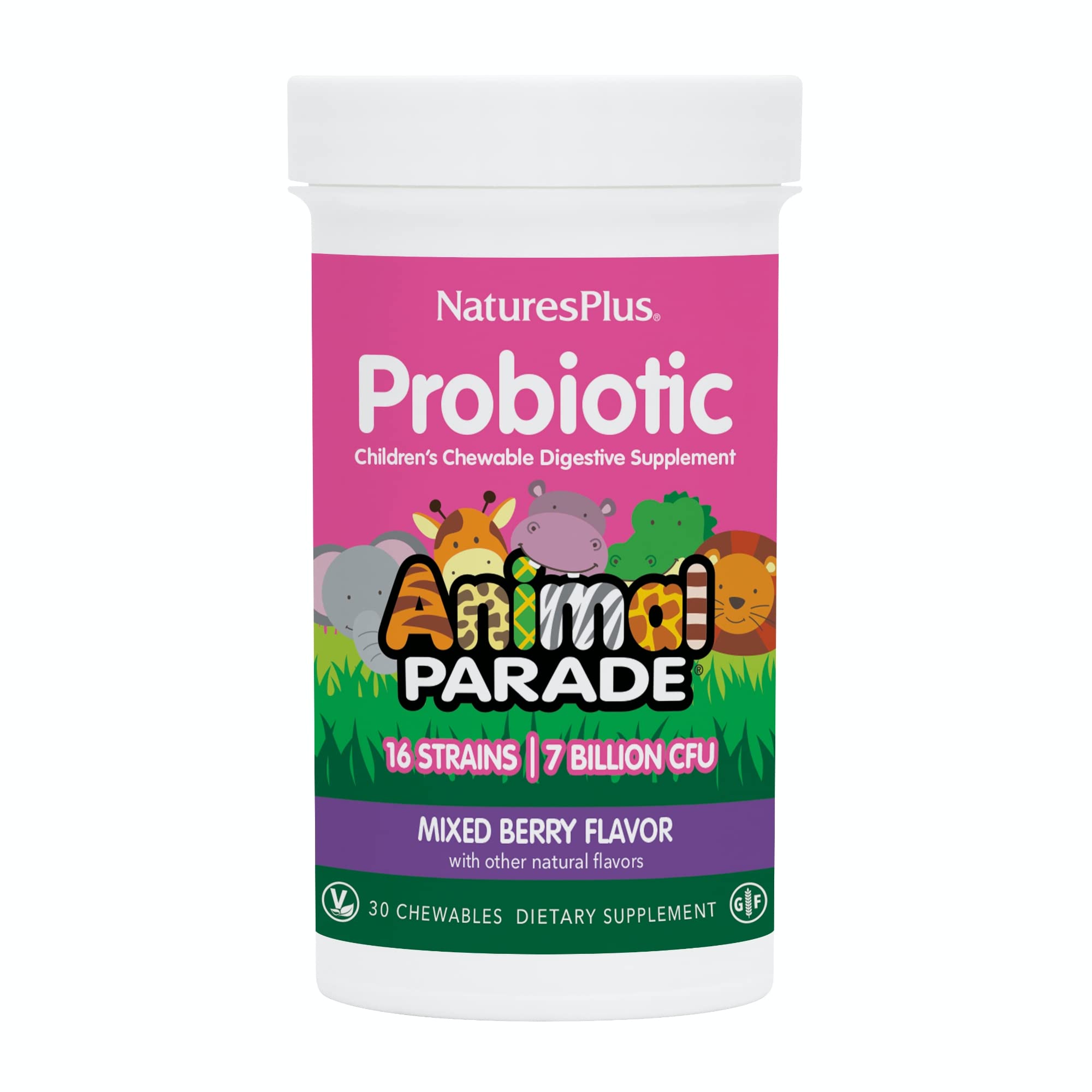 NaturesPlus Animal Parade Probiotique: Bouteille et emballage, soutien potentiel à la digestion.