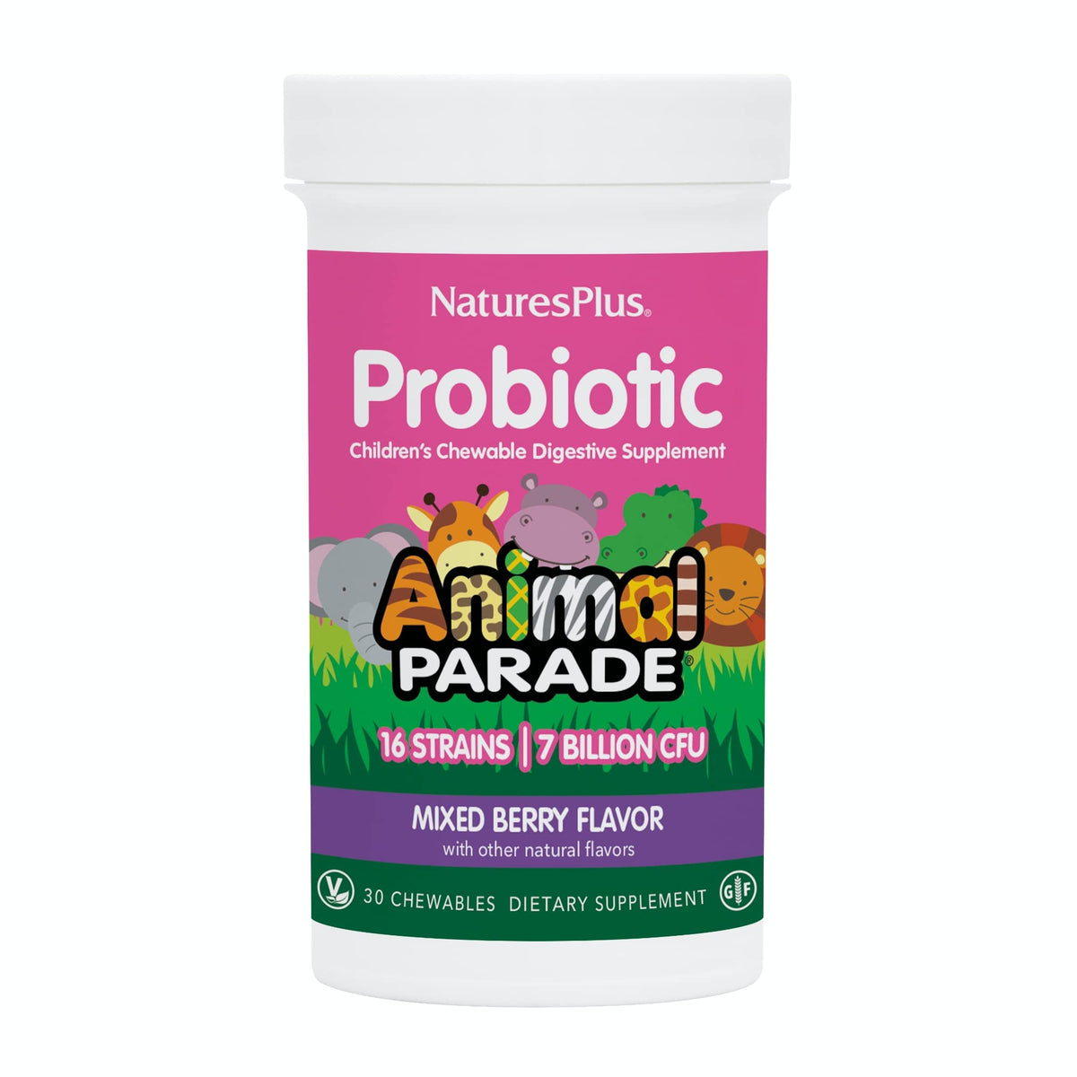 NaturesPlus Animal Parade Probiotique: Bouteille et emballage, soutien potentiel à la digestion.