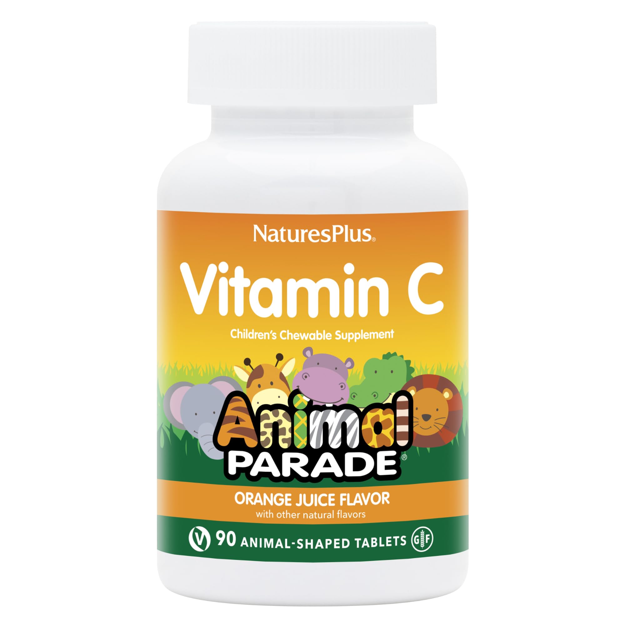 NaturesPlus Animal Parade tablettes animaux orange, goût naturel apprécié des enfants.