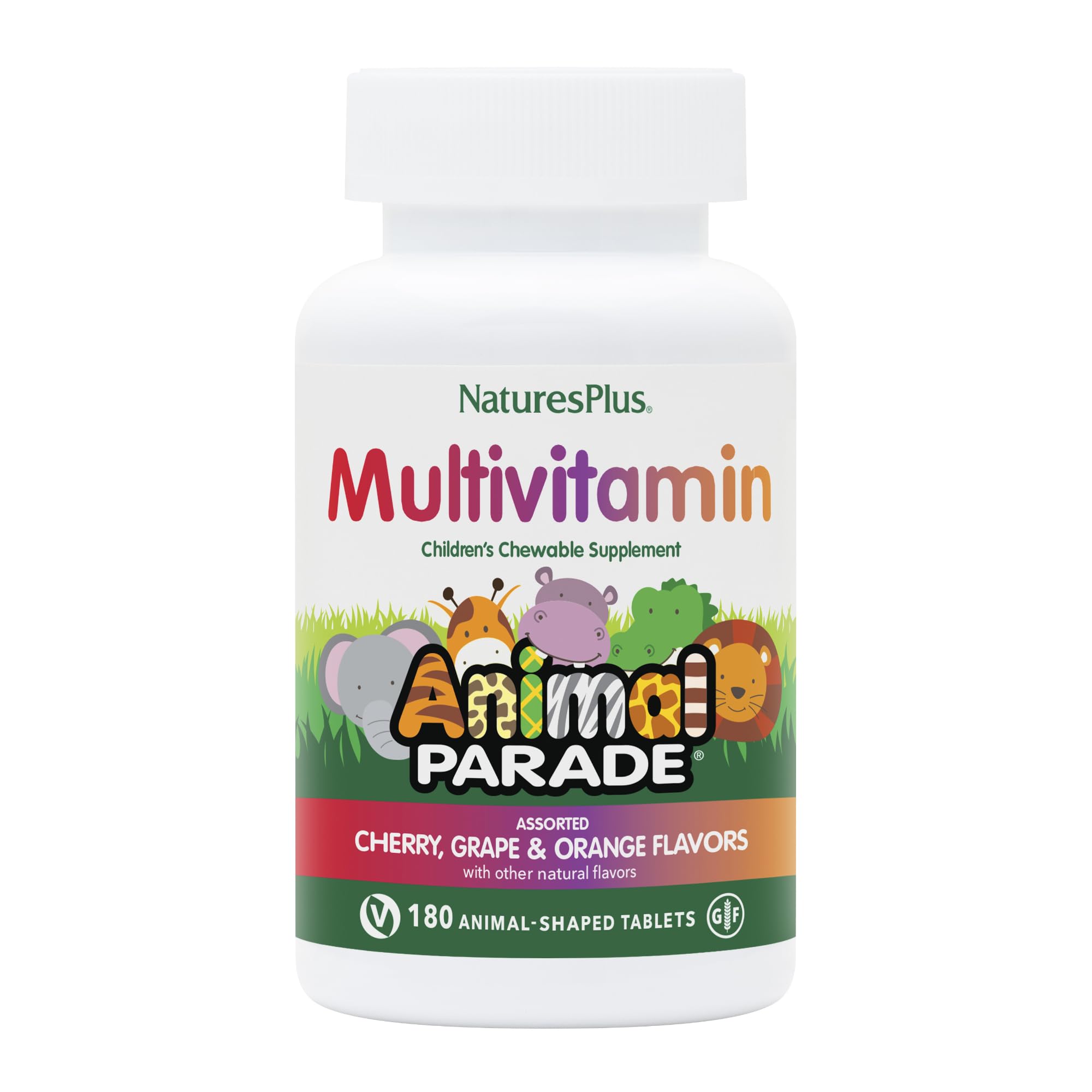 NaturesPlus Animal Parade tablettes en forme d’animaux, sans colorants artificiels et hypoallergéniques.