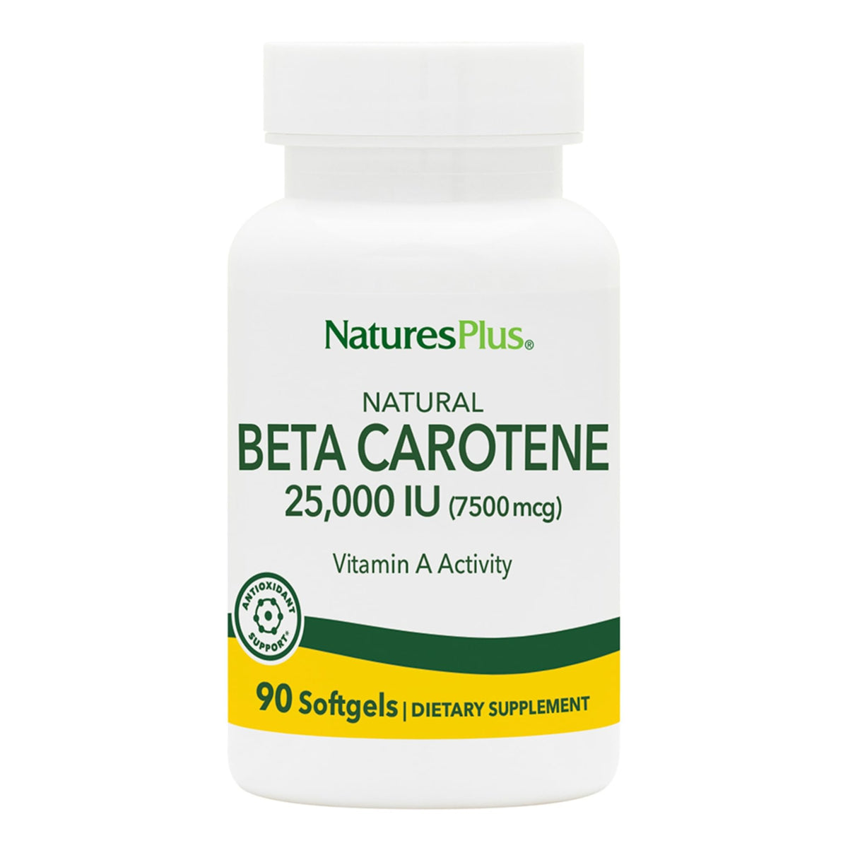 NaturesPlus Beta Carotene — bouteille montrant des gélules molles pour le soutien oculaire.