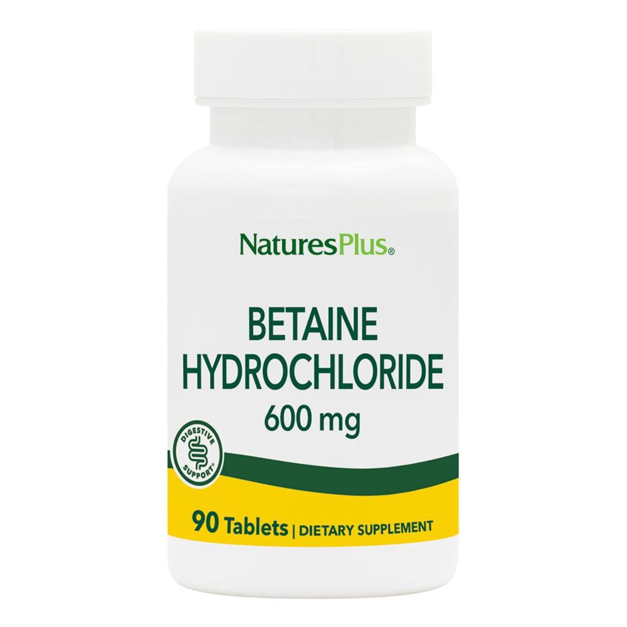 NaturesPlus Bétaïne Chlorhydrate 600 mg dans une bouteille, soutien potentiel à la digestion.