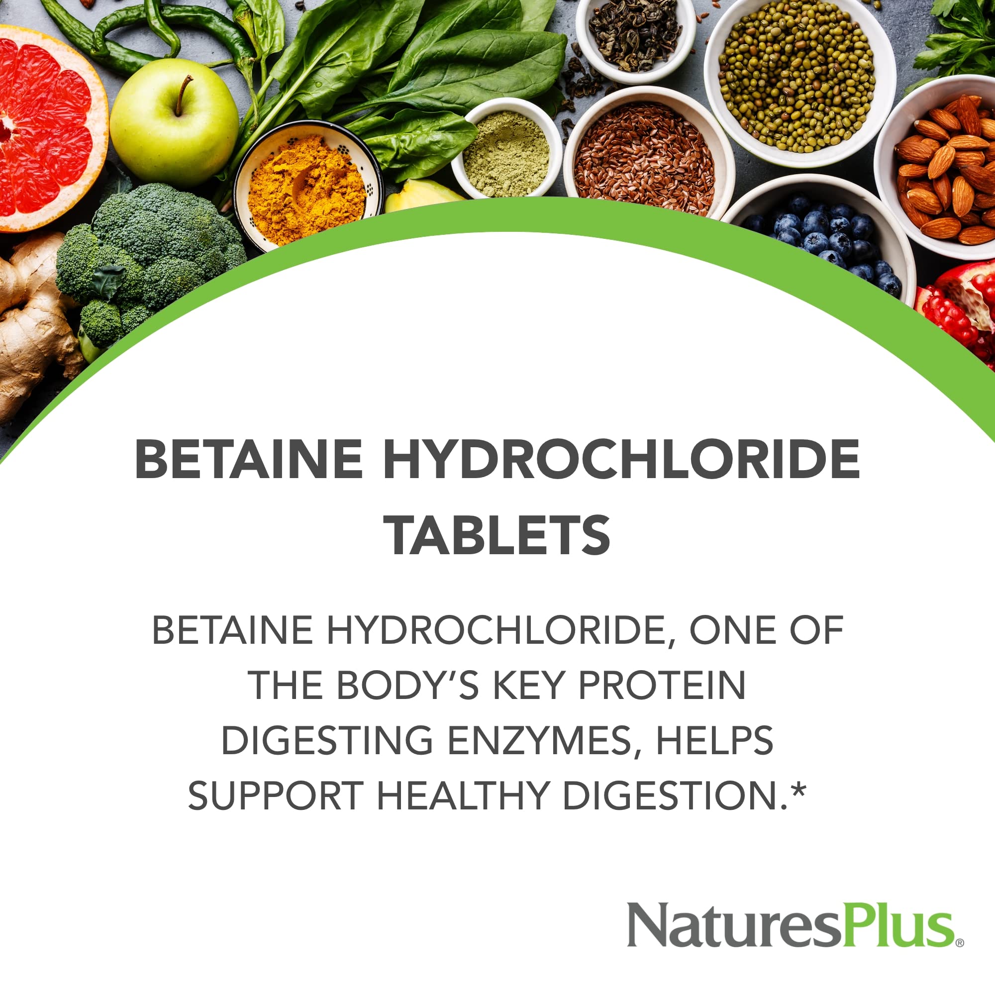 Pilules NaturesPlus Bétaïne Chlorhydrate 600 mg visibles dans un flacon.