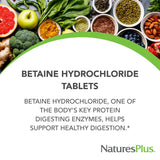 Pilules NaturesPlus Bétaïne Chlorhydrate 600 mg visibles dans un flacon.