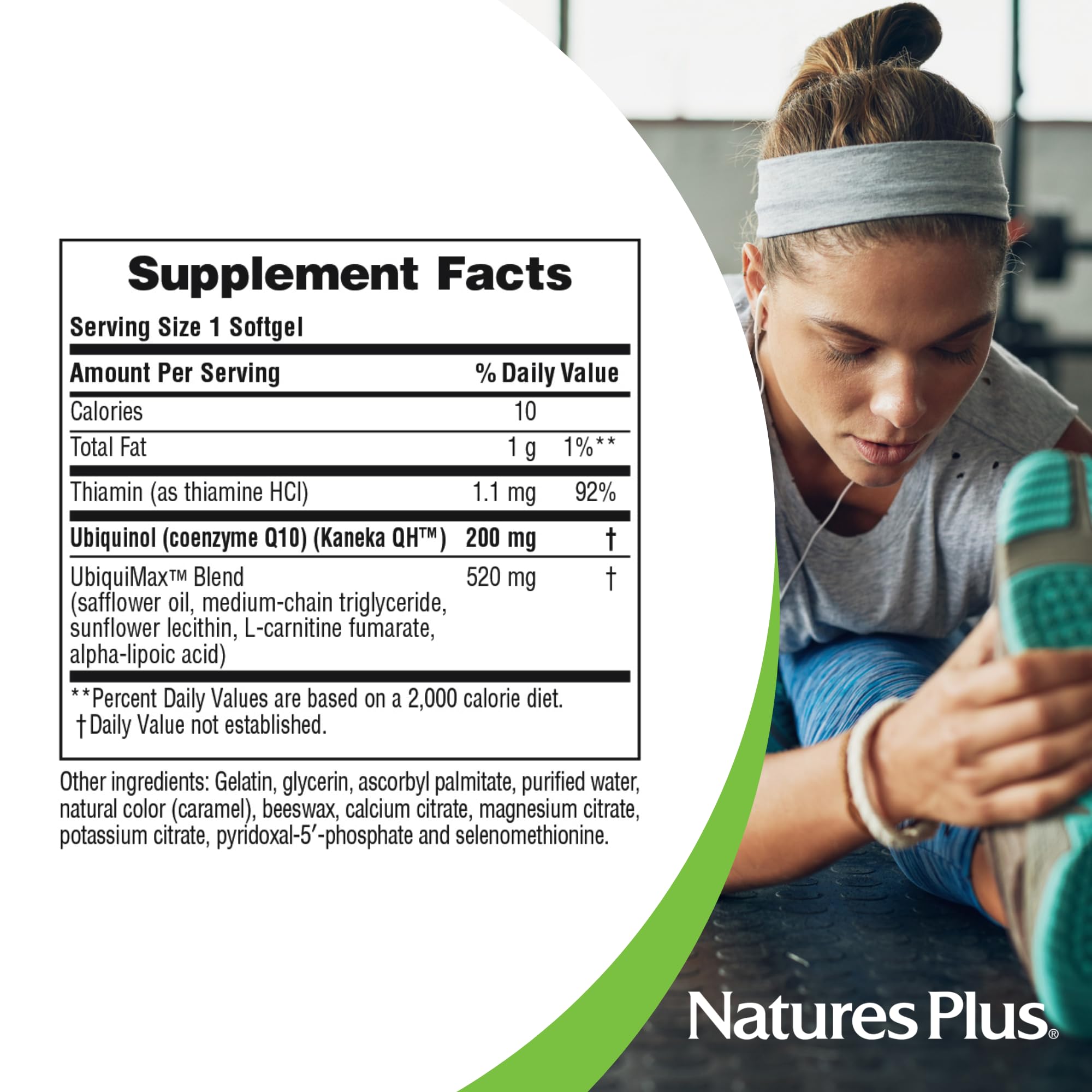 NaturesPlus Beyond CoQ10, étiquette claire sur le flacon.