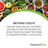 NaturesPlus Beyond CoQ10, capsules molles, gros plan montrant texture et absorption.