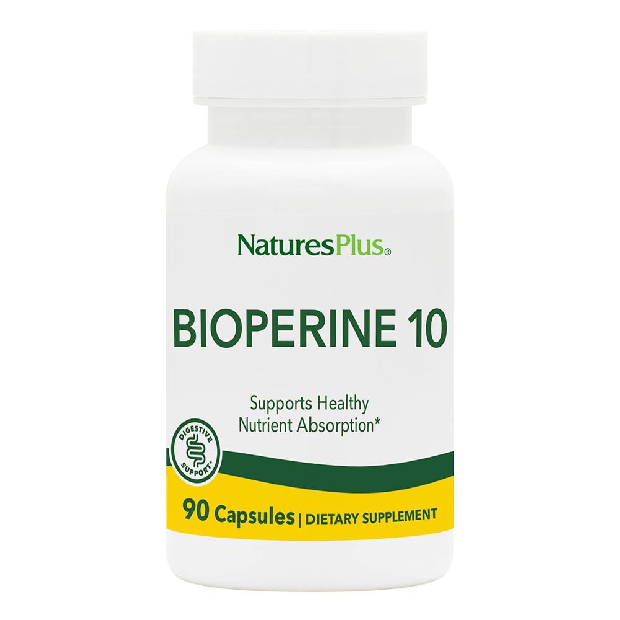 NaturesPlus Bioperine 10 : bouteille montrant l extrait de poivre noir et son potentiel d absorption.