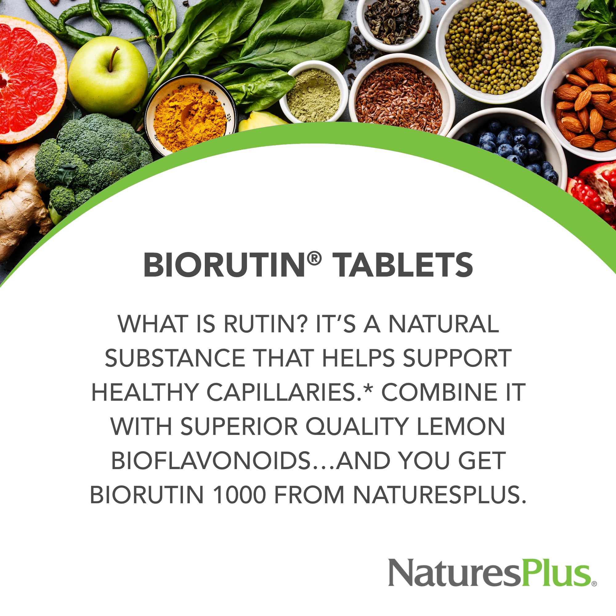 Tablettes NaturesPlus Biorutin visibles, formulation végétarienne et sans gluten.